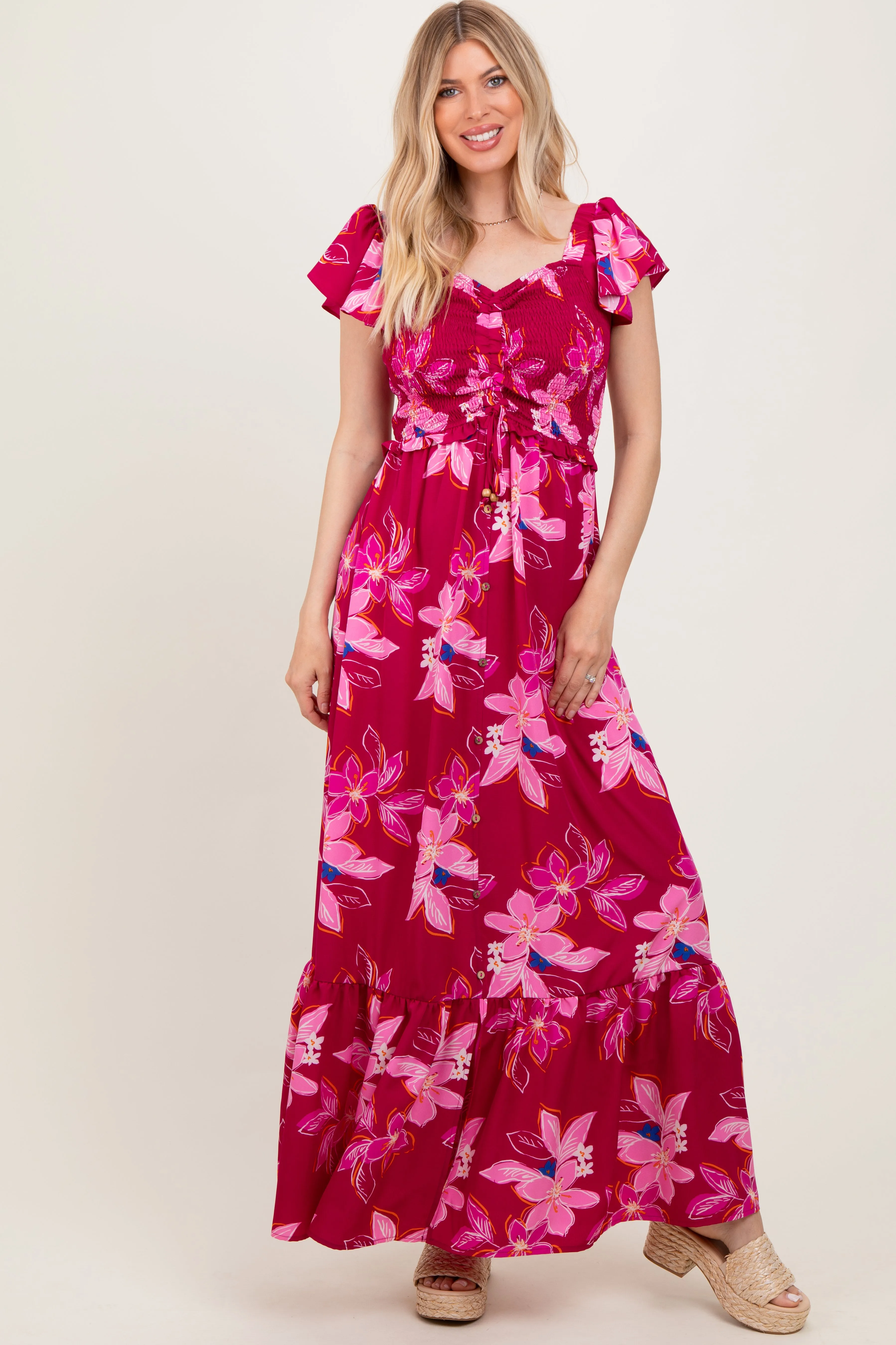 Magenta Floral Smocked Cinched Top Maternity Maxi Dress sold by Pinkblush product image thumbnail 5