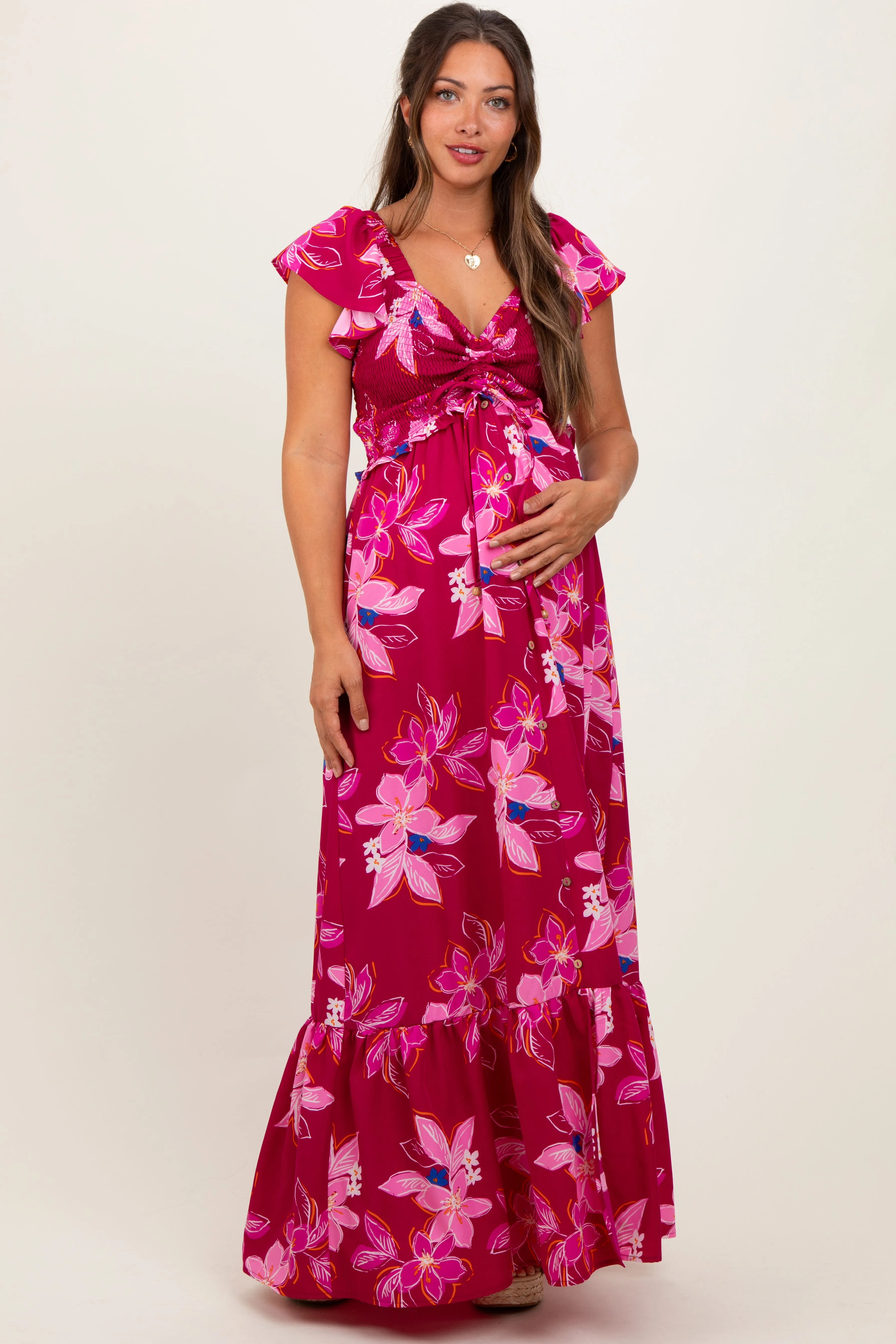 Magenta Floral Smocked Cinched Top Maternity Maxi Dress sold by Pinkblush product image thumbnail 2