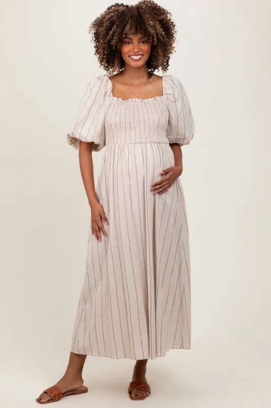 Beige Linen Stripe Puff Sleeve Maternity Midi Dress sold by Pinkblush