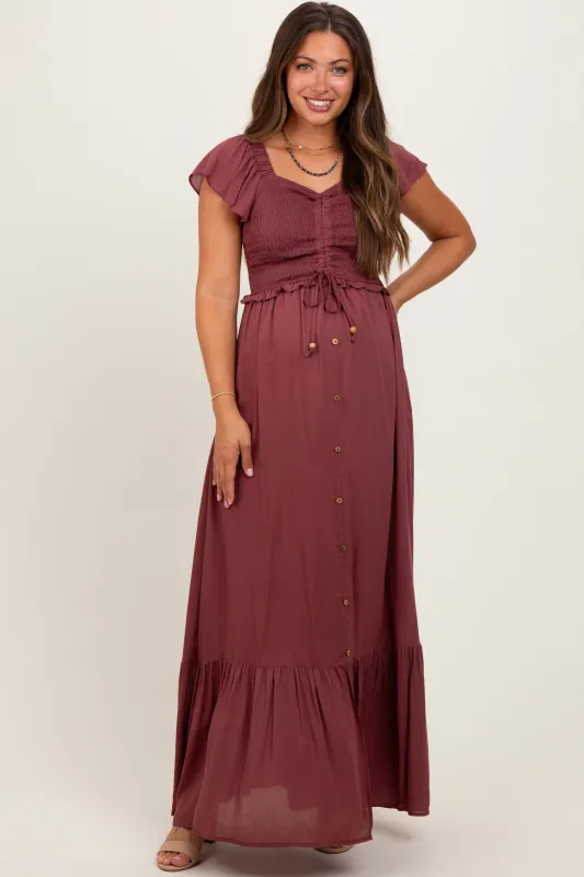 Burgundy Smocked Top Woven Maternity Maxi Dress sold by Pinkblush