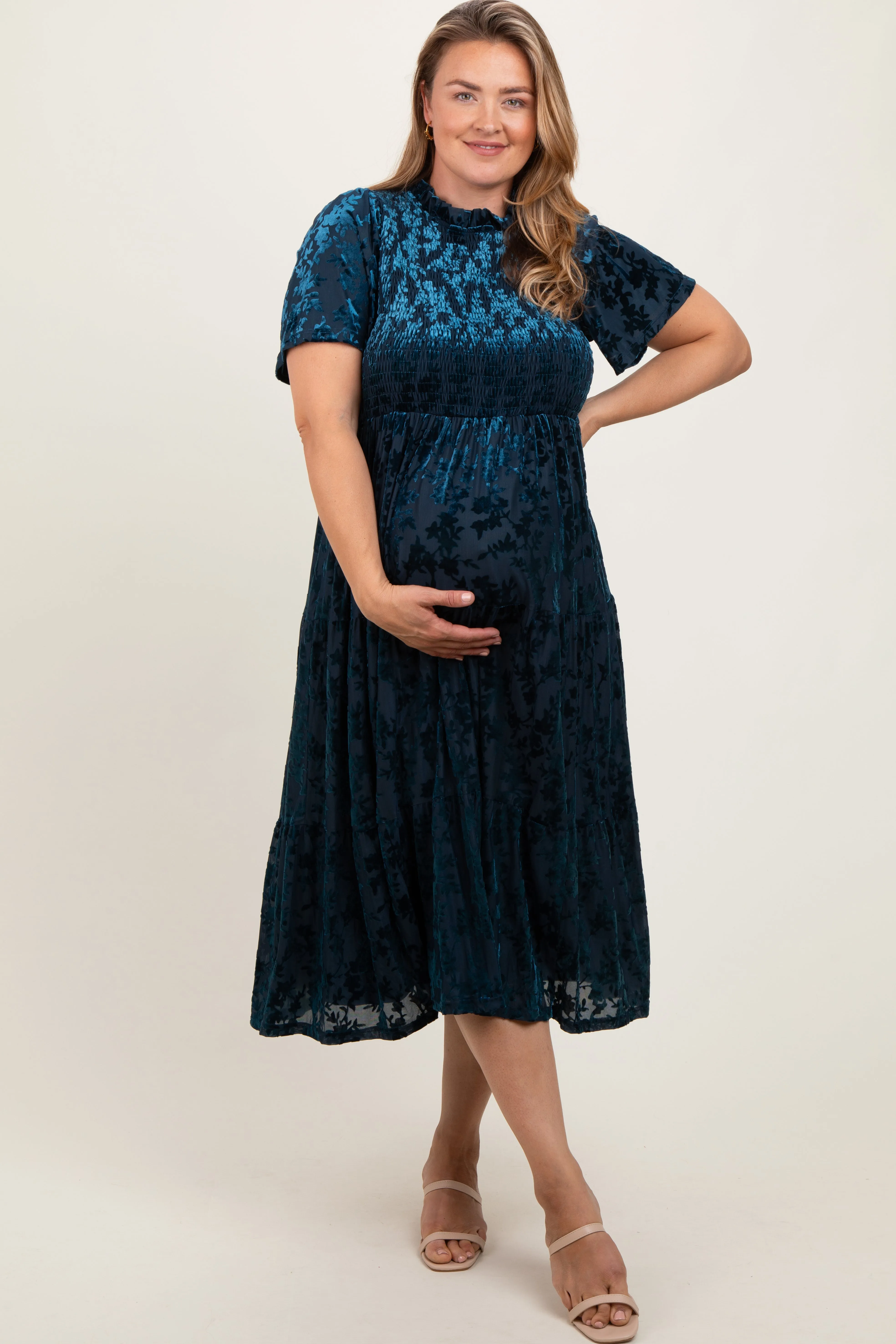 Navy Floral Velvet Print Smocked Maternity Plus Midi Dress sold by Pinkblush product image thumbnail 2