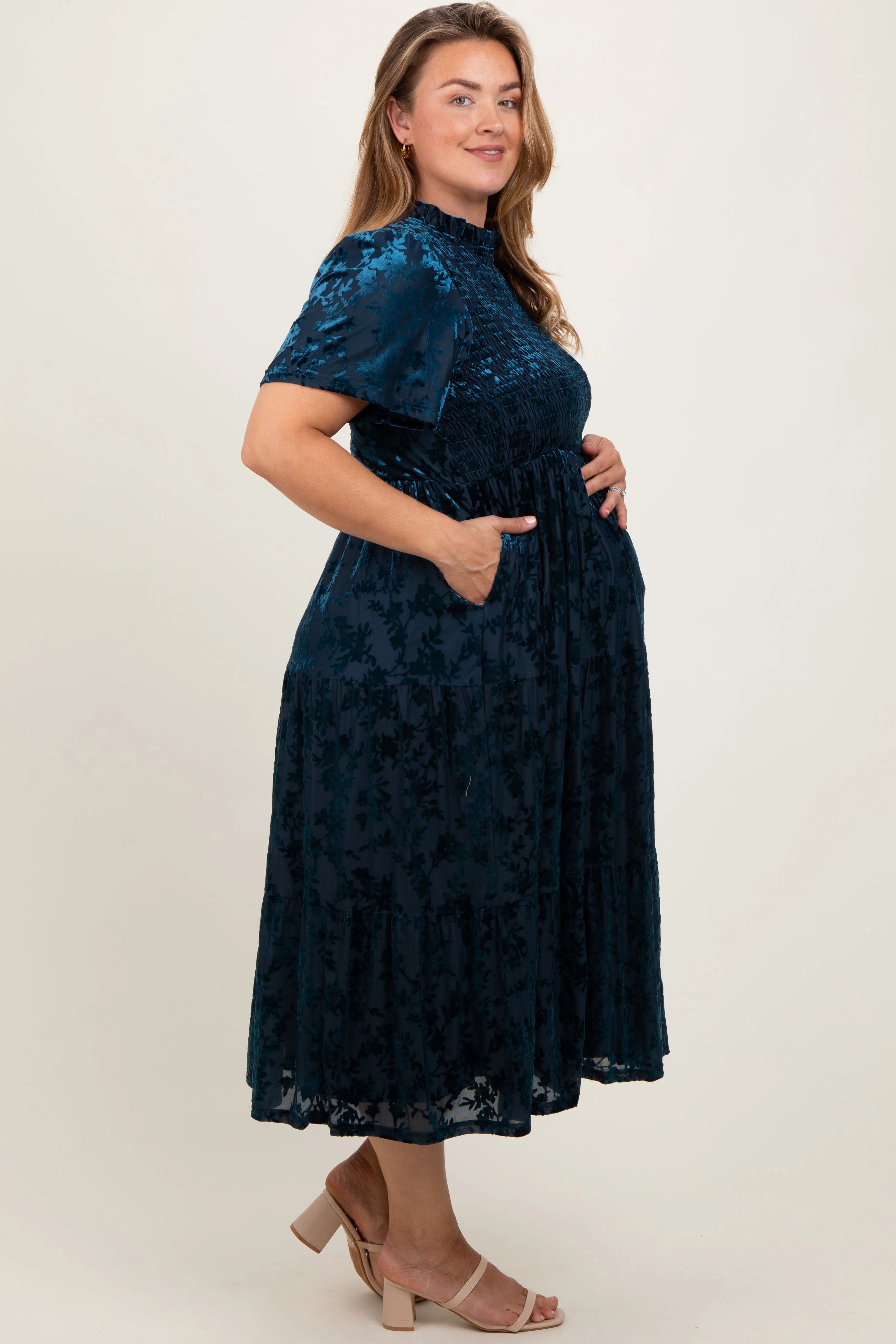 Navy Floral Velvet Print Smocked Maternity Plus Midi Dress sold by Pinkblush product image thumbnail 3