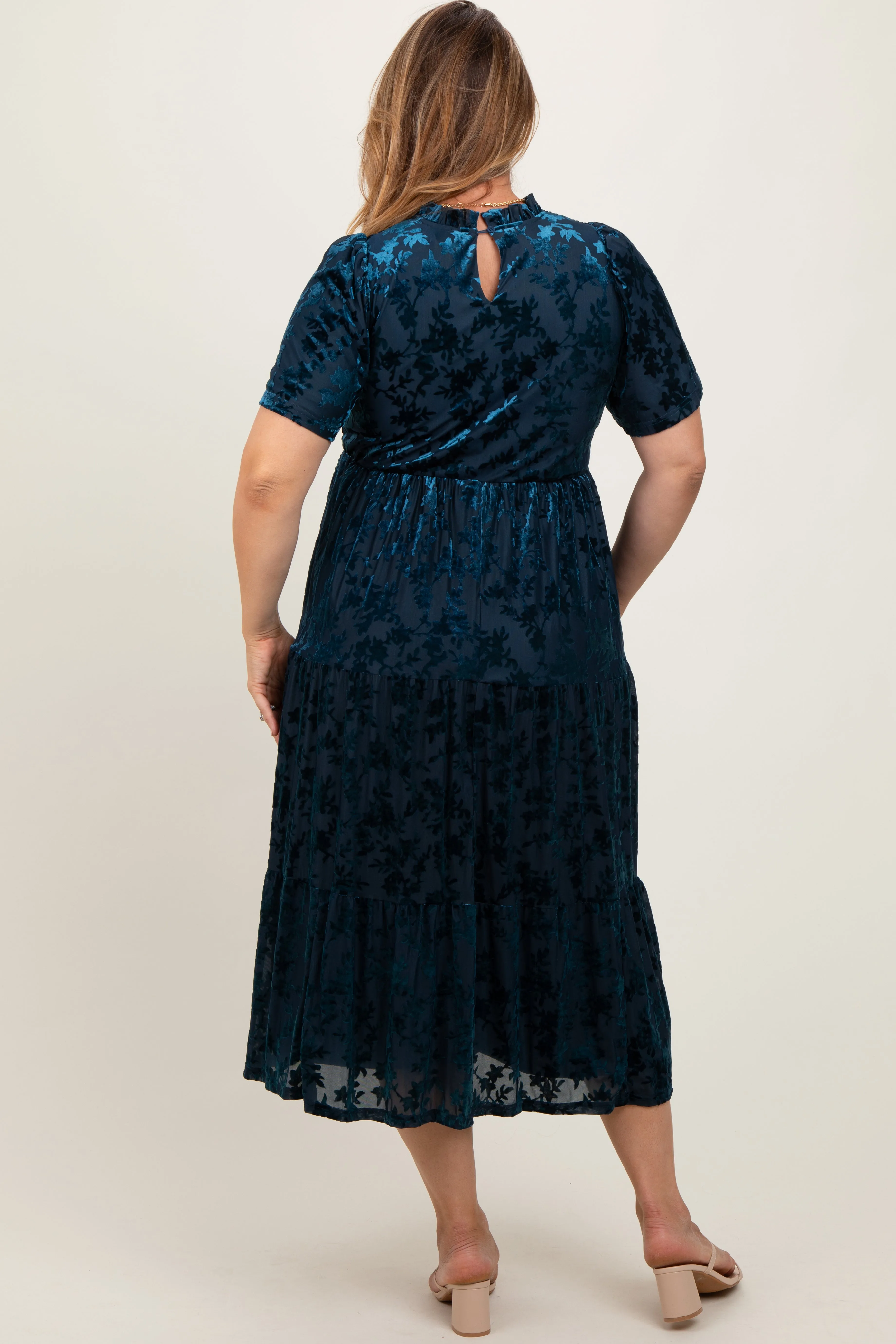 Navy Floral Velvet Print Smocked Maternity Plus Midi Dress sold by Pinkblush product image thumbnail 4