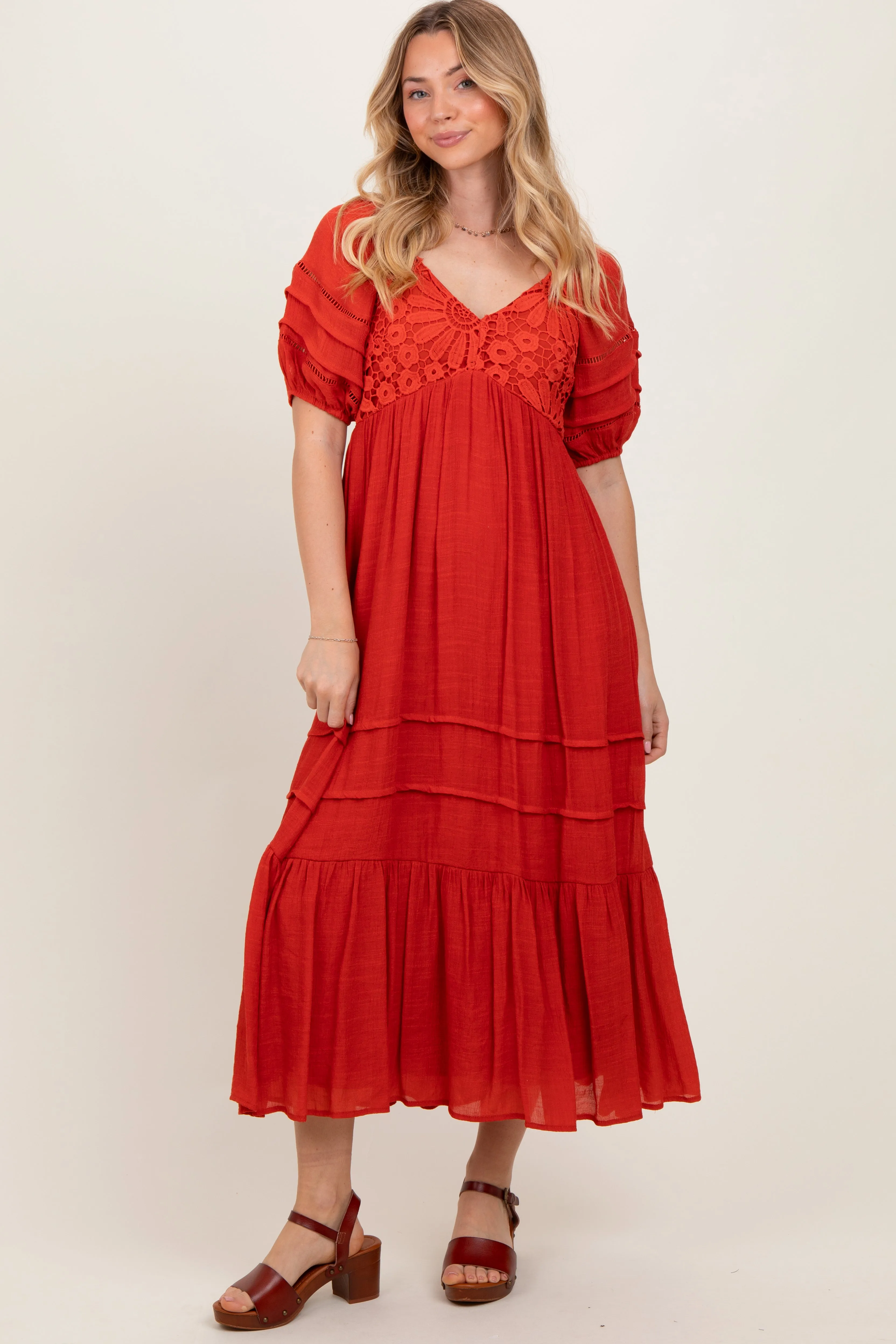 Rust Crochet Detail Bodice Midi Dress sold by Pinkblush