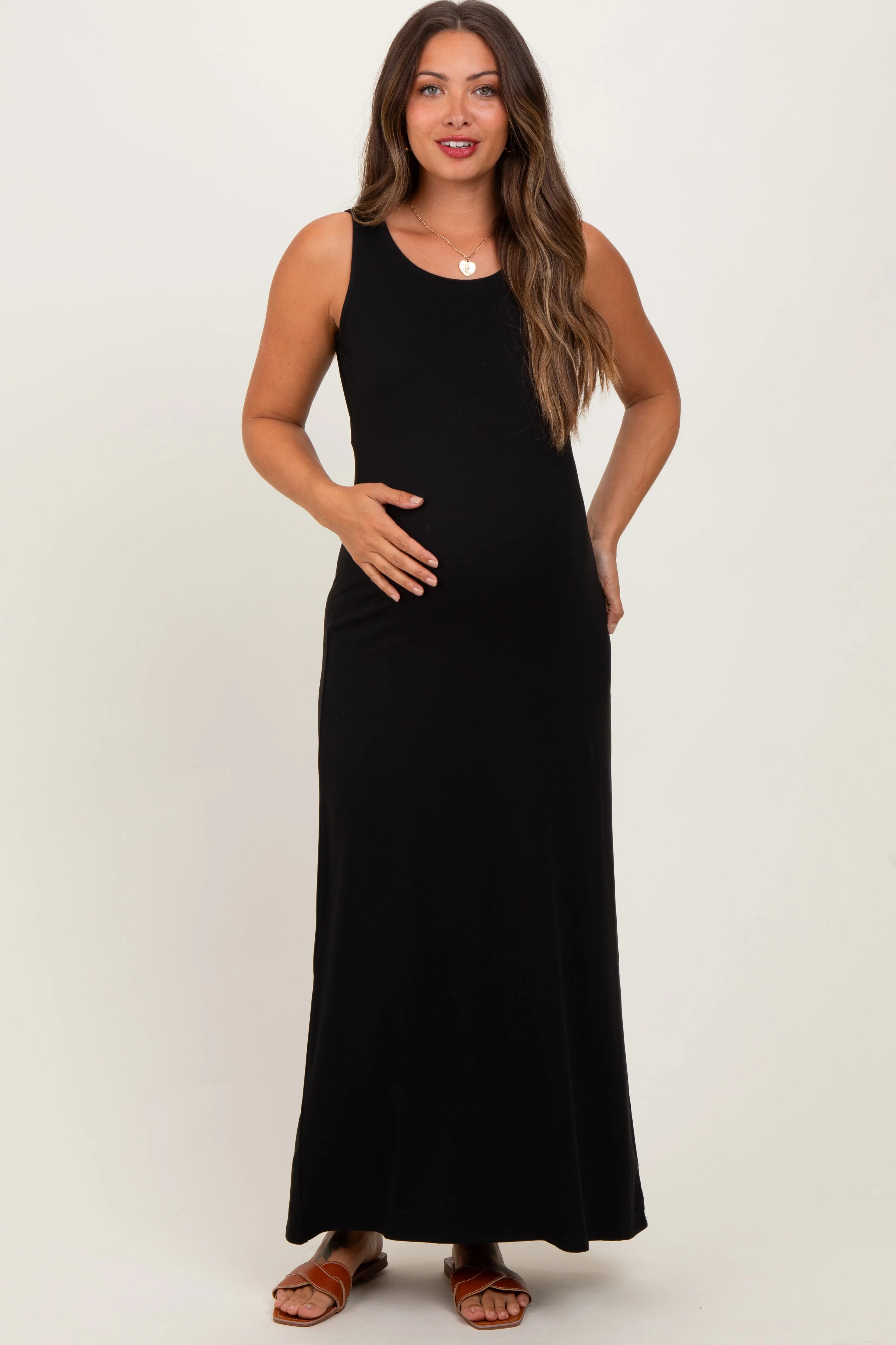 Black Sleeveless Flared Scoop Neck Maternity Maxi Dress sold by Pinkblush product image thumbnail 2