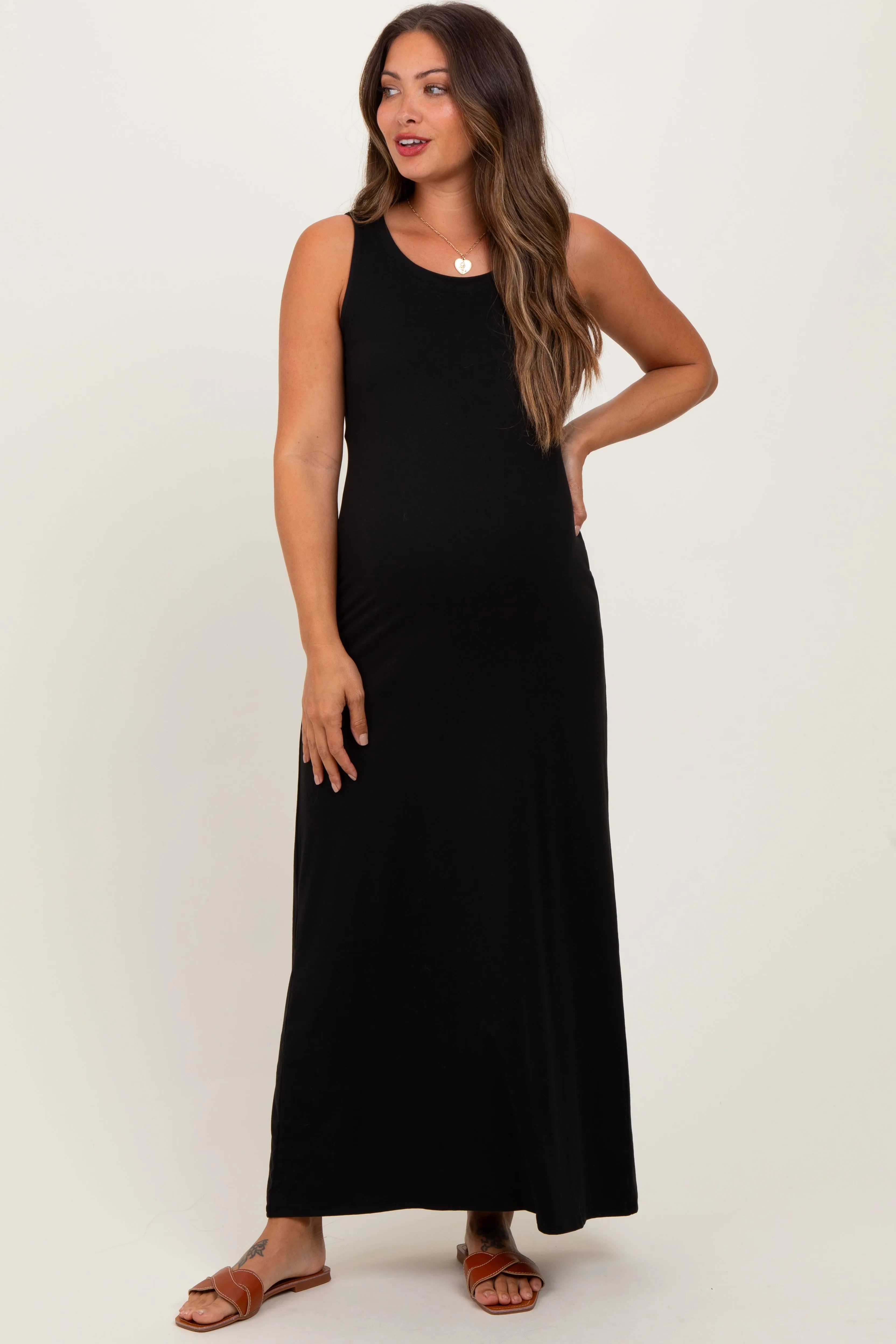 Black Sleeveless Flared Scoop Neck Maternity Maxi Dress sold by Pinkblush