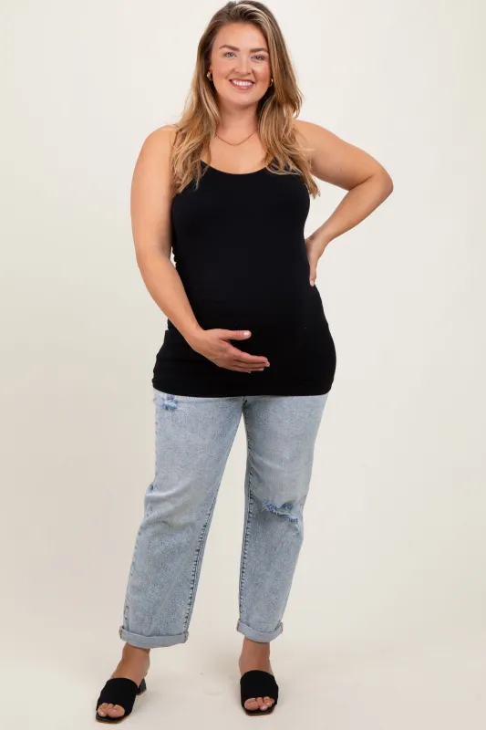 Light Blue Rolled Cuff Distressed Straight Leg Maternity Plus Jeans sold by Pinkblush