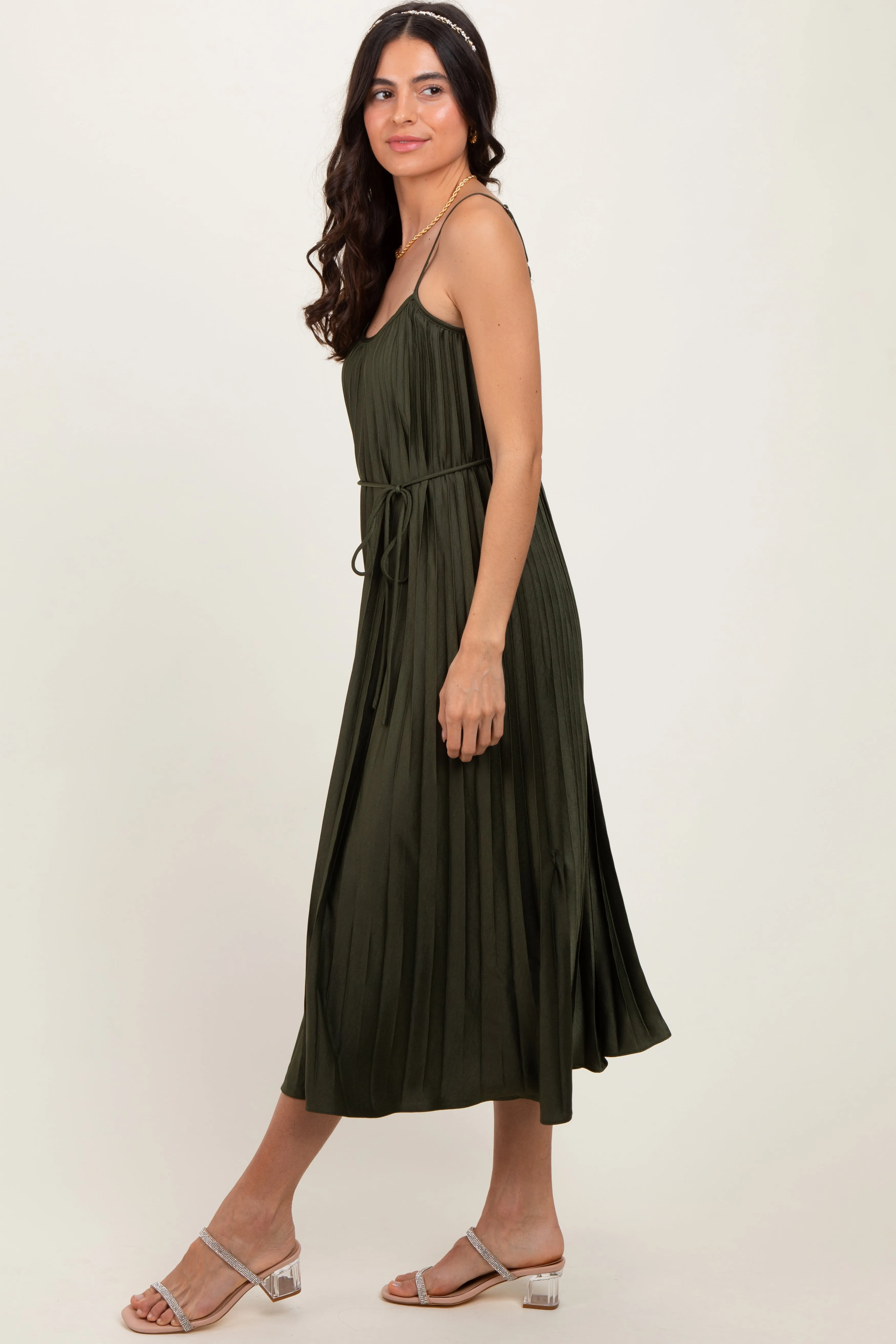 Olive Pleated Sash Tie Midi Dress sold by Pinkblush product image thumbnail 3