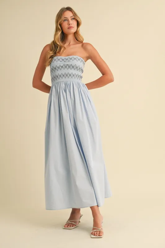 Light Blue Embroidered Strapless Smocked Bodice Flared Midi Dress sold by Pinkblush