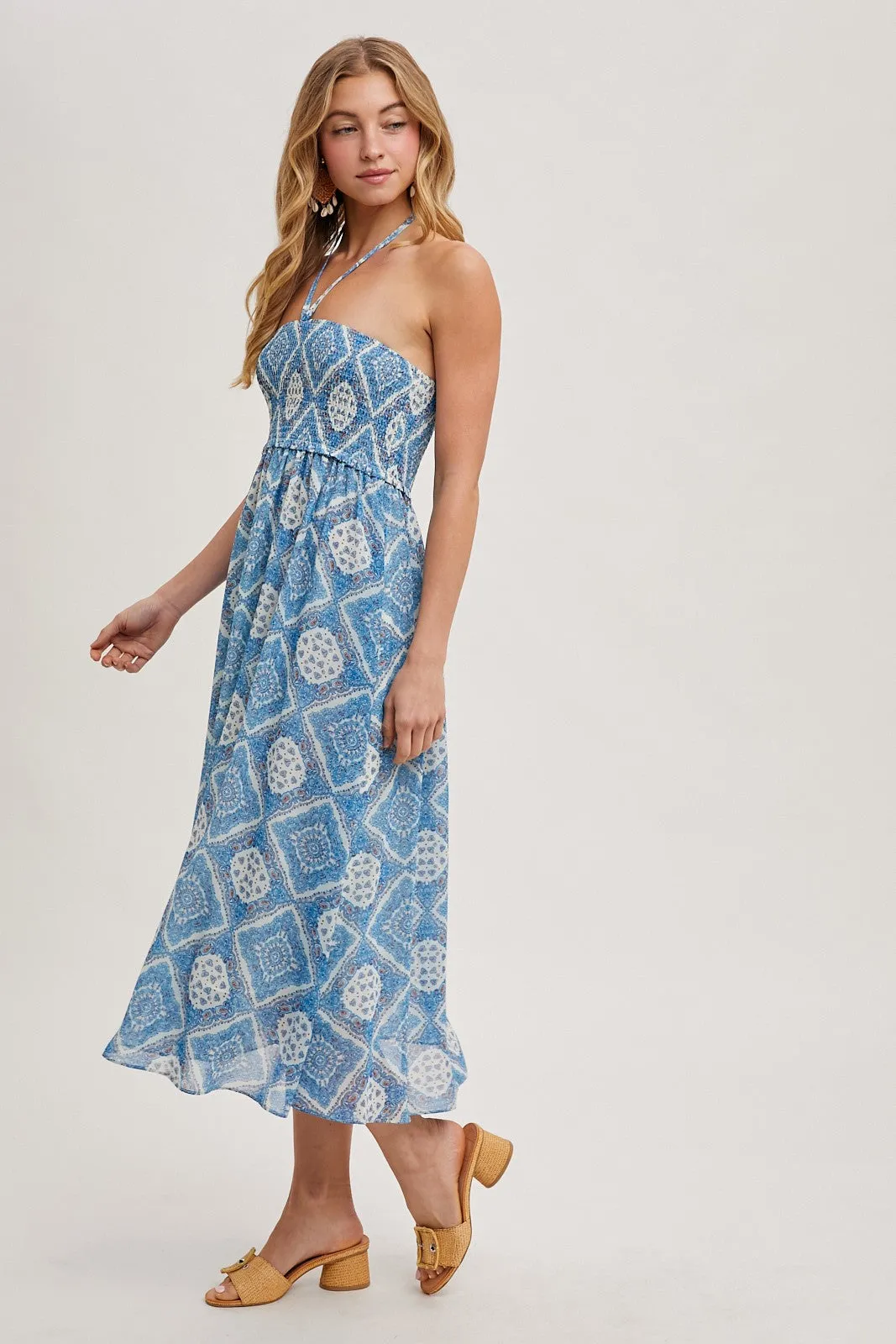 Blue Printed Smocked Halter Midi Dress sold by Pinkblush product image thumbnail 3