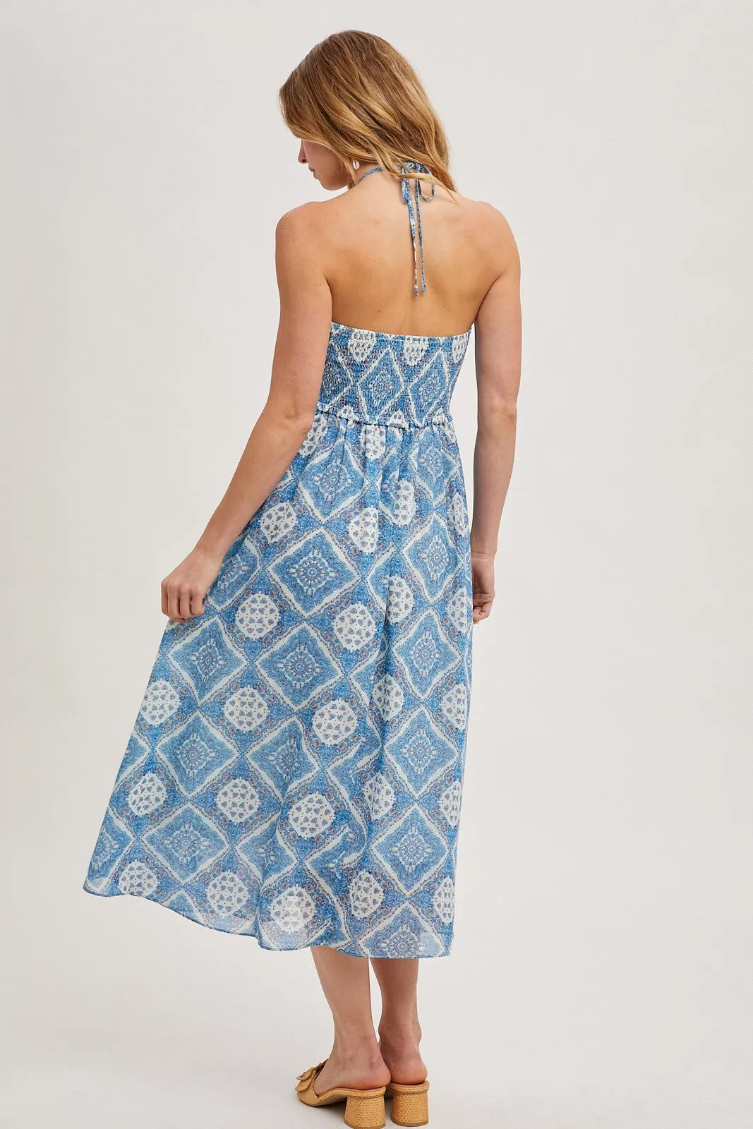 Blue Printed Smocked Halter Midi Dress sold by Pinkblush product image thumbnail 4