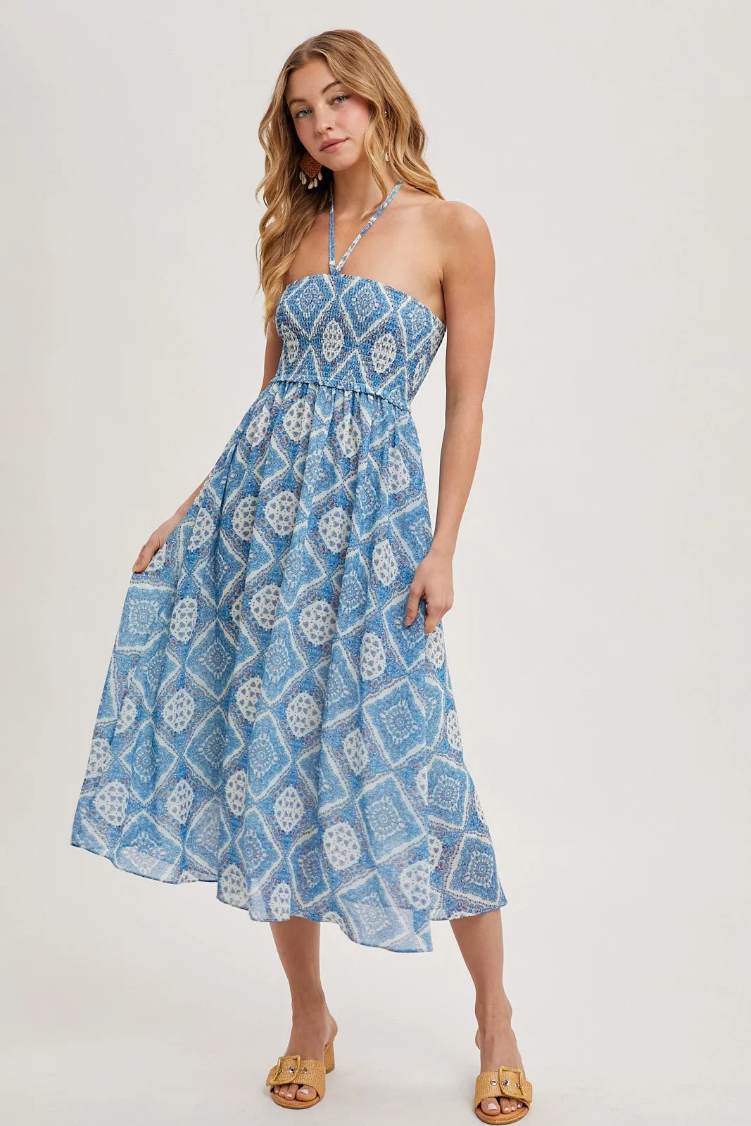 Blue Printed Smocked Halter Midi Dress sold by Pinkblush