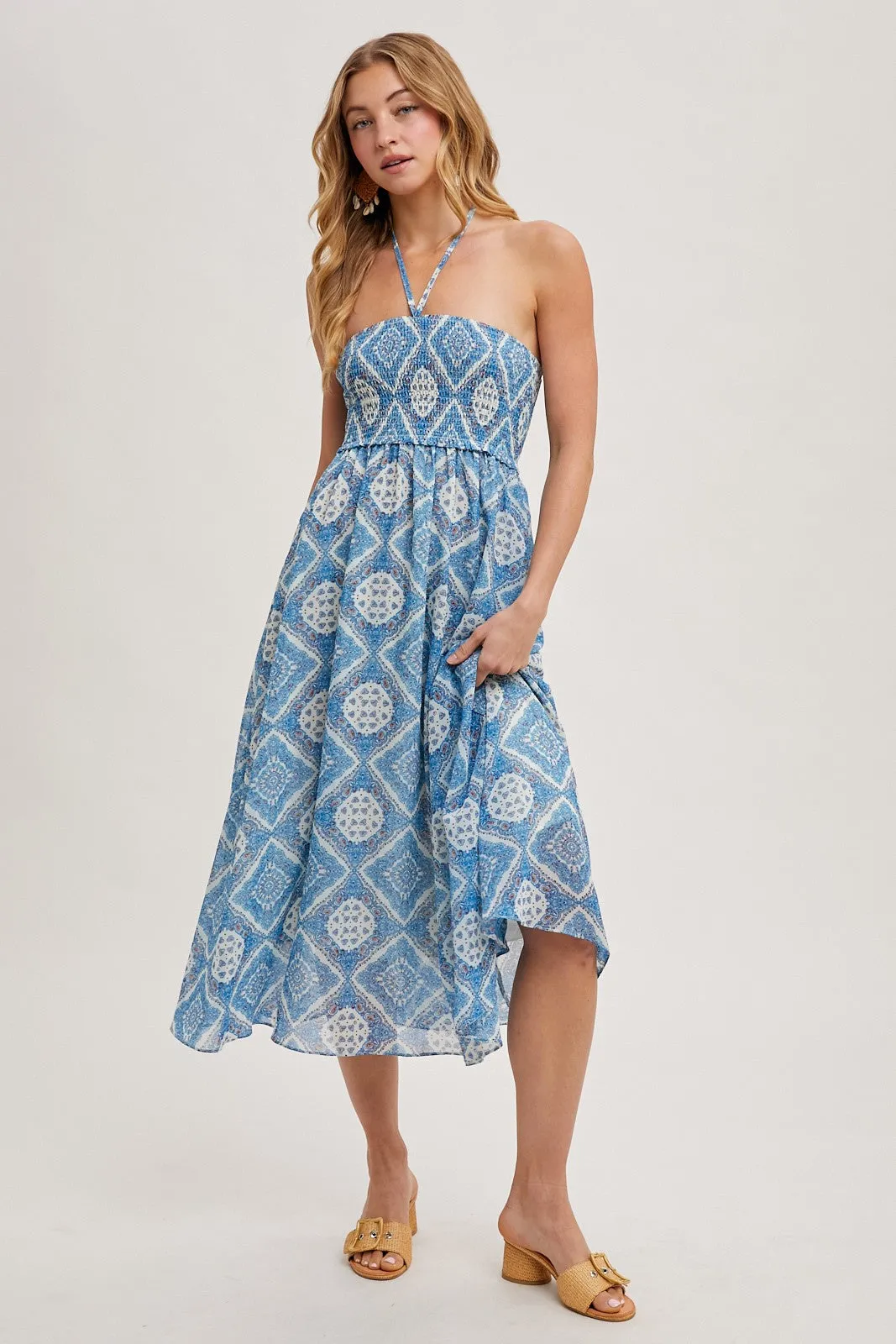 Blue Printed Smocked Halter Midi Dress sold by Pinkblush product image thumbnail 2