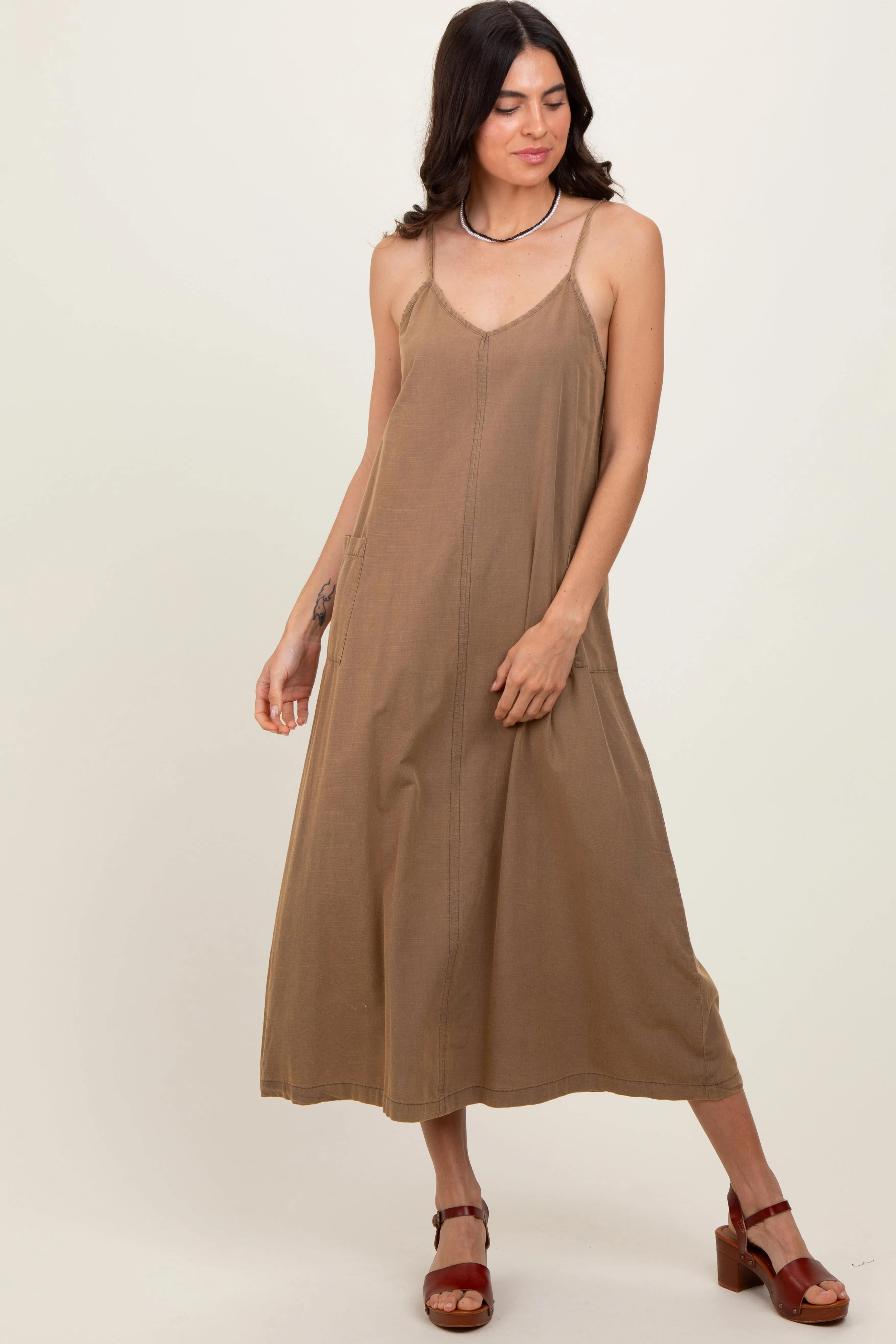 Olive V-Neck Overall Midi Dress sold by Pinkblush product image thumbnail 2
