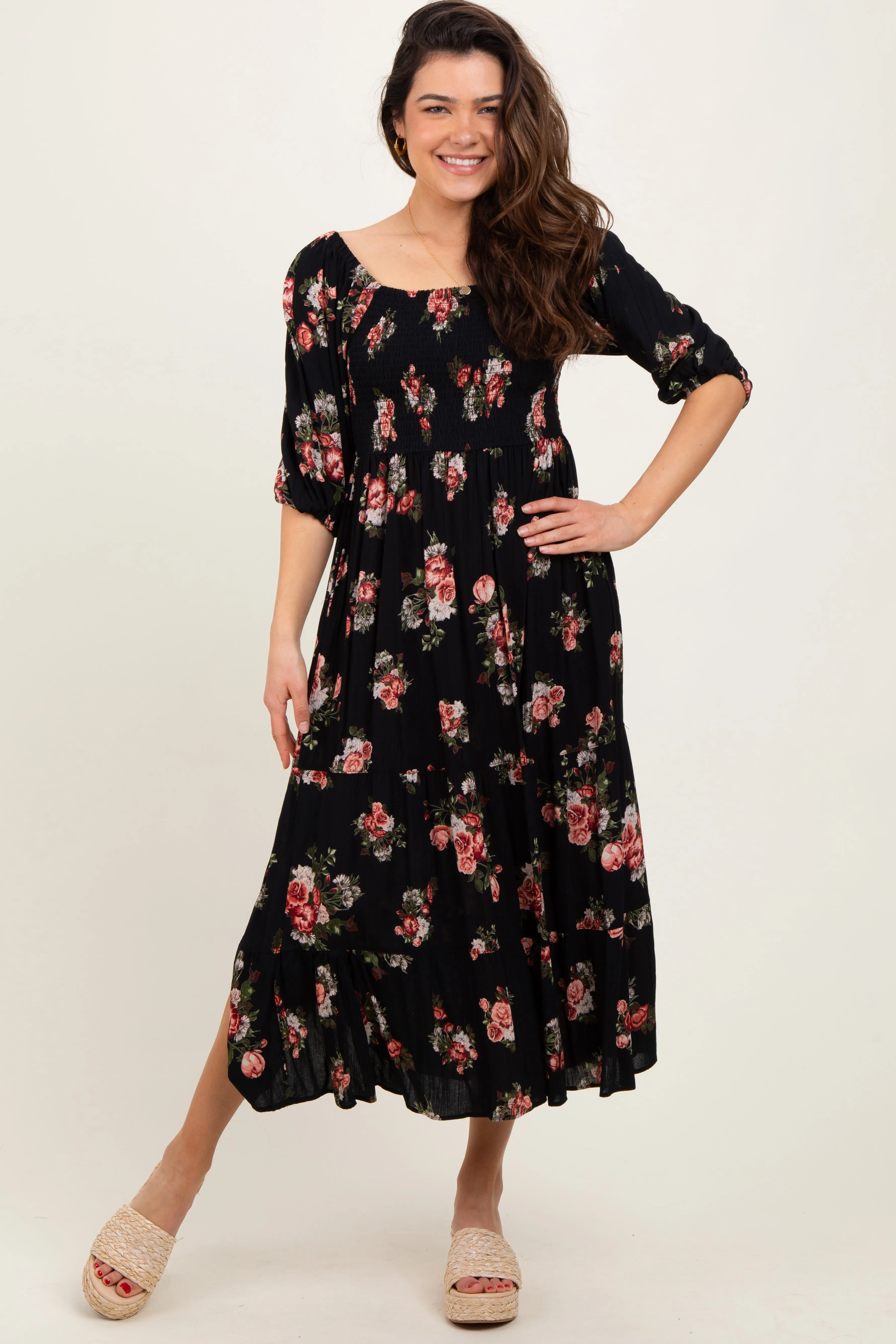 Black Smocked Puff Sleeve Midi Dress sold by Pinkblush