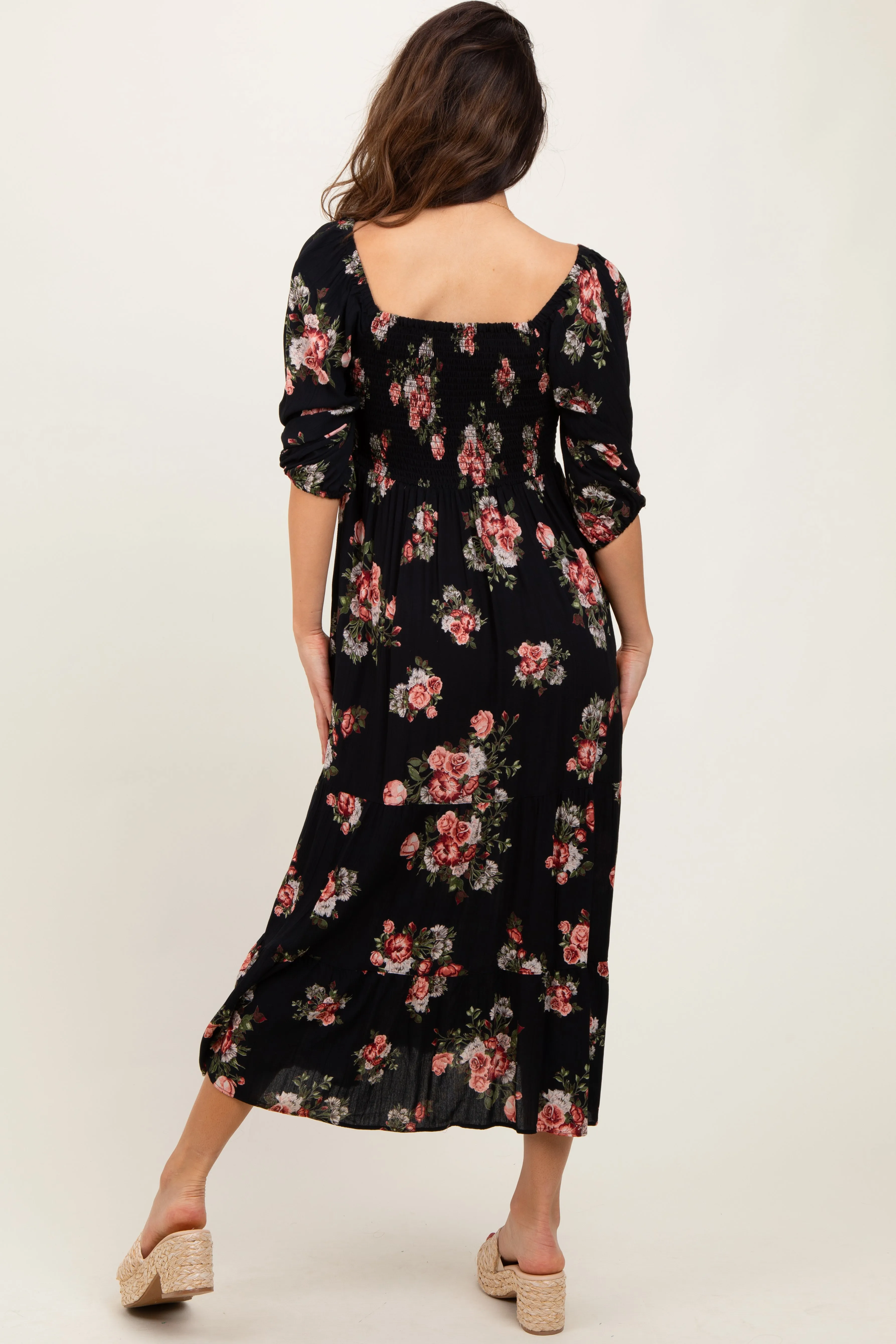 Black Smocked Puff Sleeve Midi Dress sold by Pinkblush product image thumbnail 2