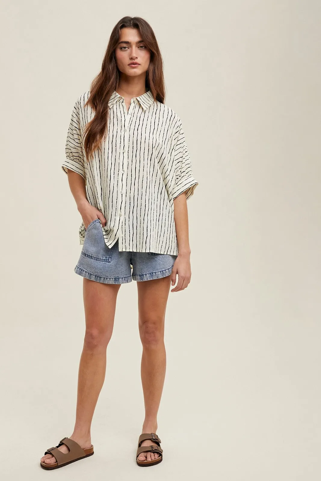 Ivory Striped Drop Shoulder Button Down Blouse sold by Pinkblush product image thumbnail 4