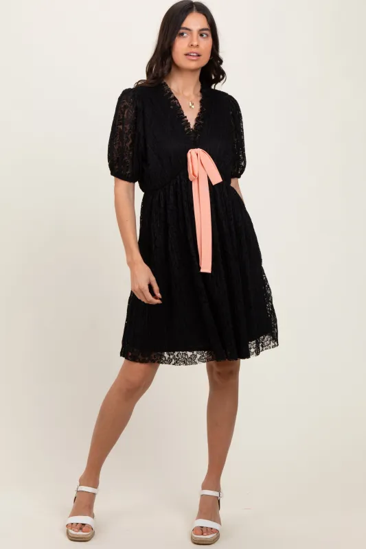 Black Ruffle V Neck Ribbon Bow Pleated Lace Lined Dress sold by Pinkblush