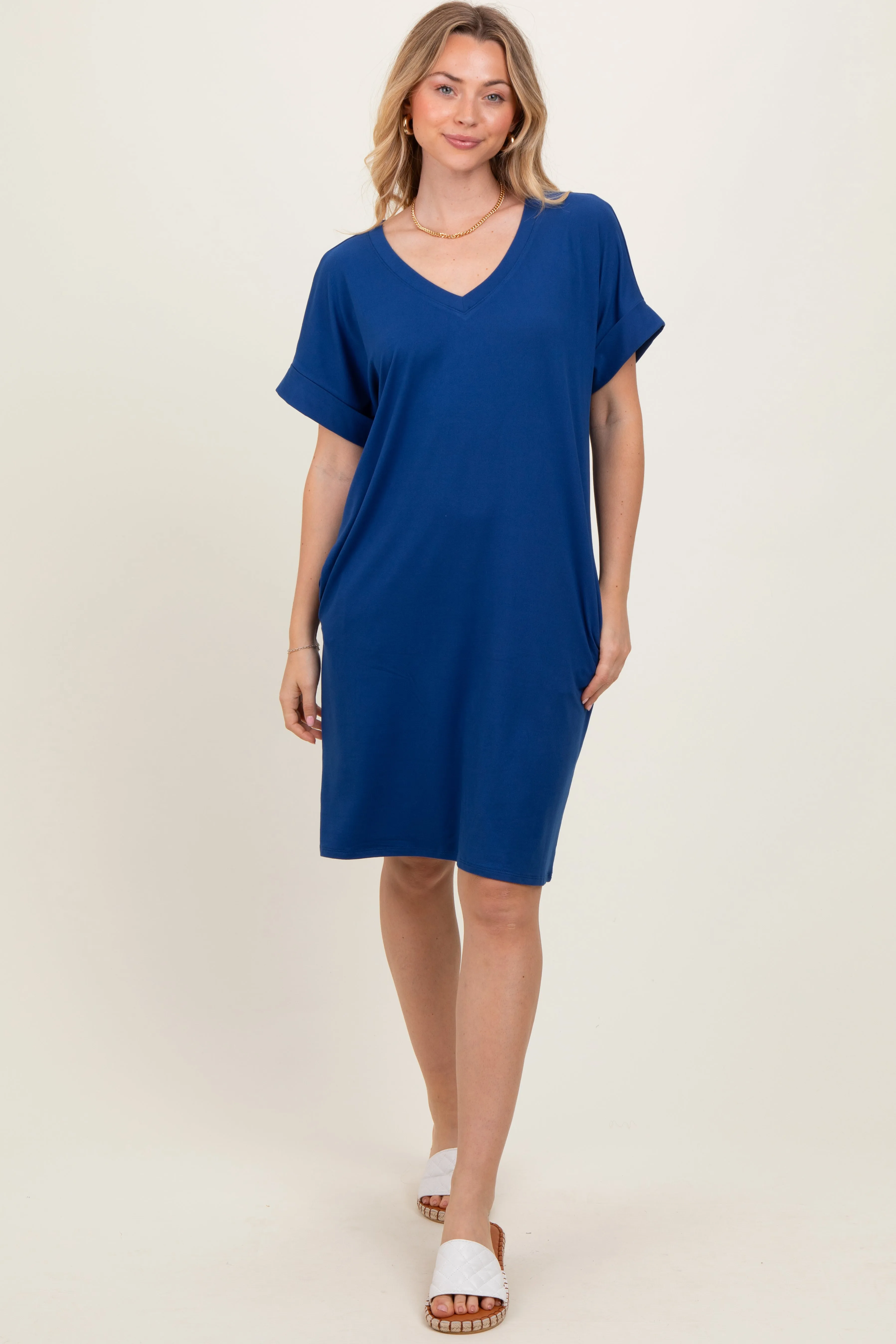 Navy Brushed Rolled Short Sleeve V-Neck Dress sold by Pinkblush product image thumbnail 2