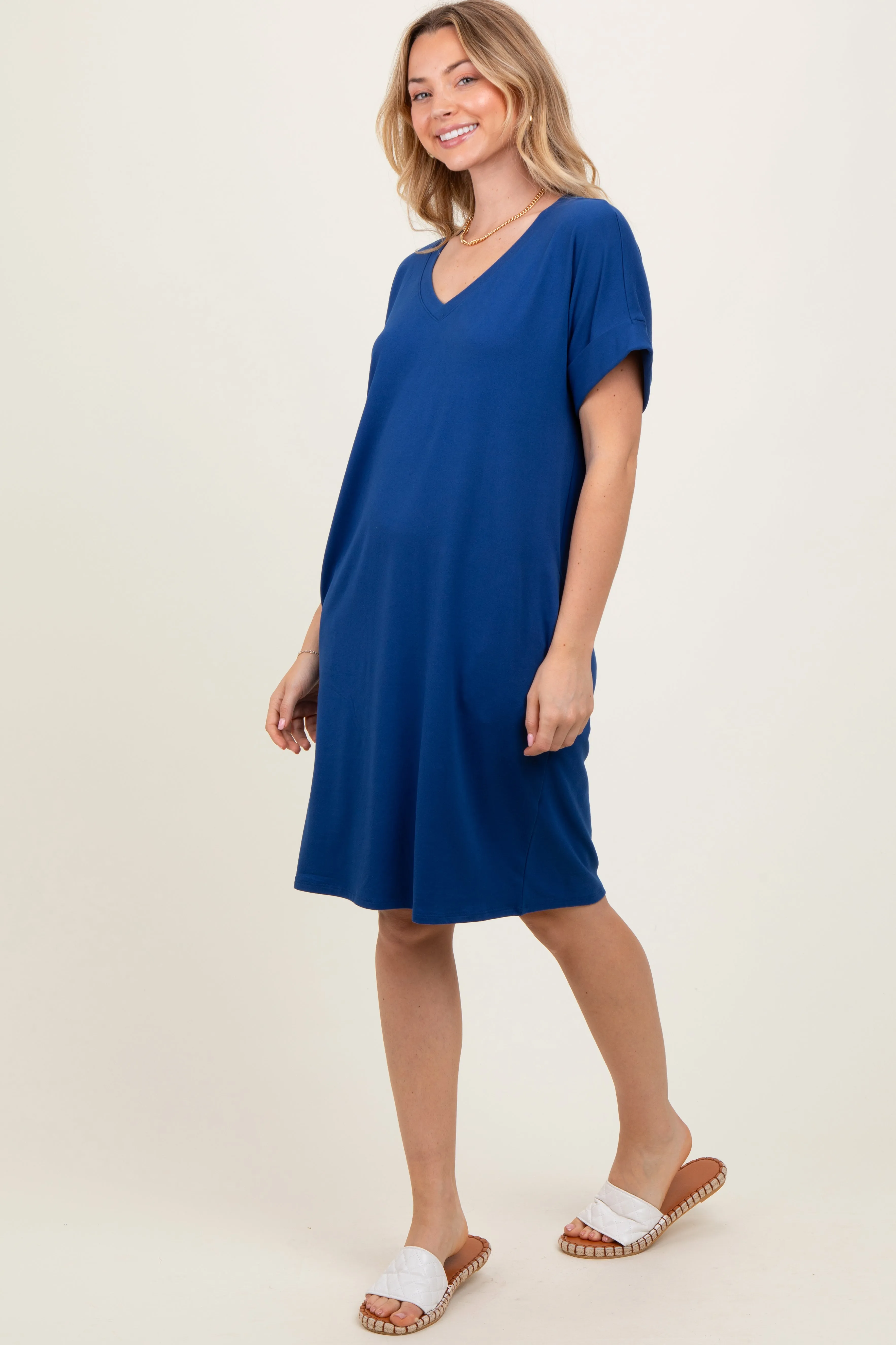 Navy Brushed Rolled Short Sleeve V-Neck Dress sold by Pinkblush product image thumbnail 3