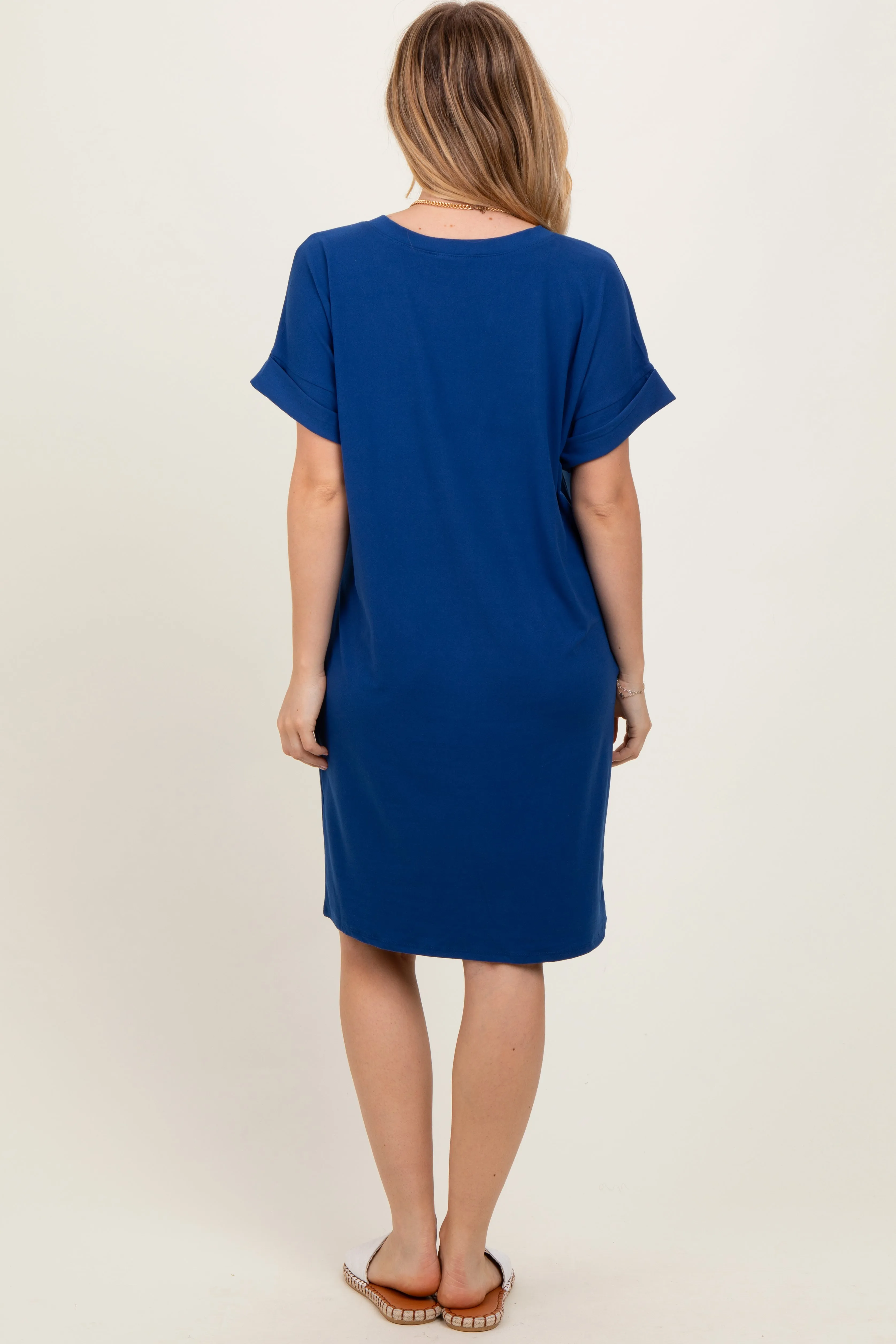 Navy Brushed Rolled Short Sleeve V-Neck Dress sold by Pinkblush product image thumbnail 4