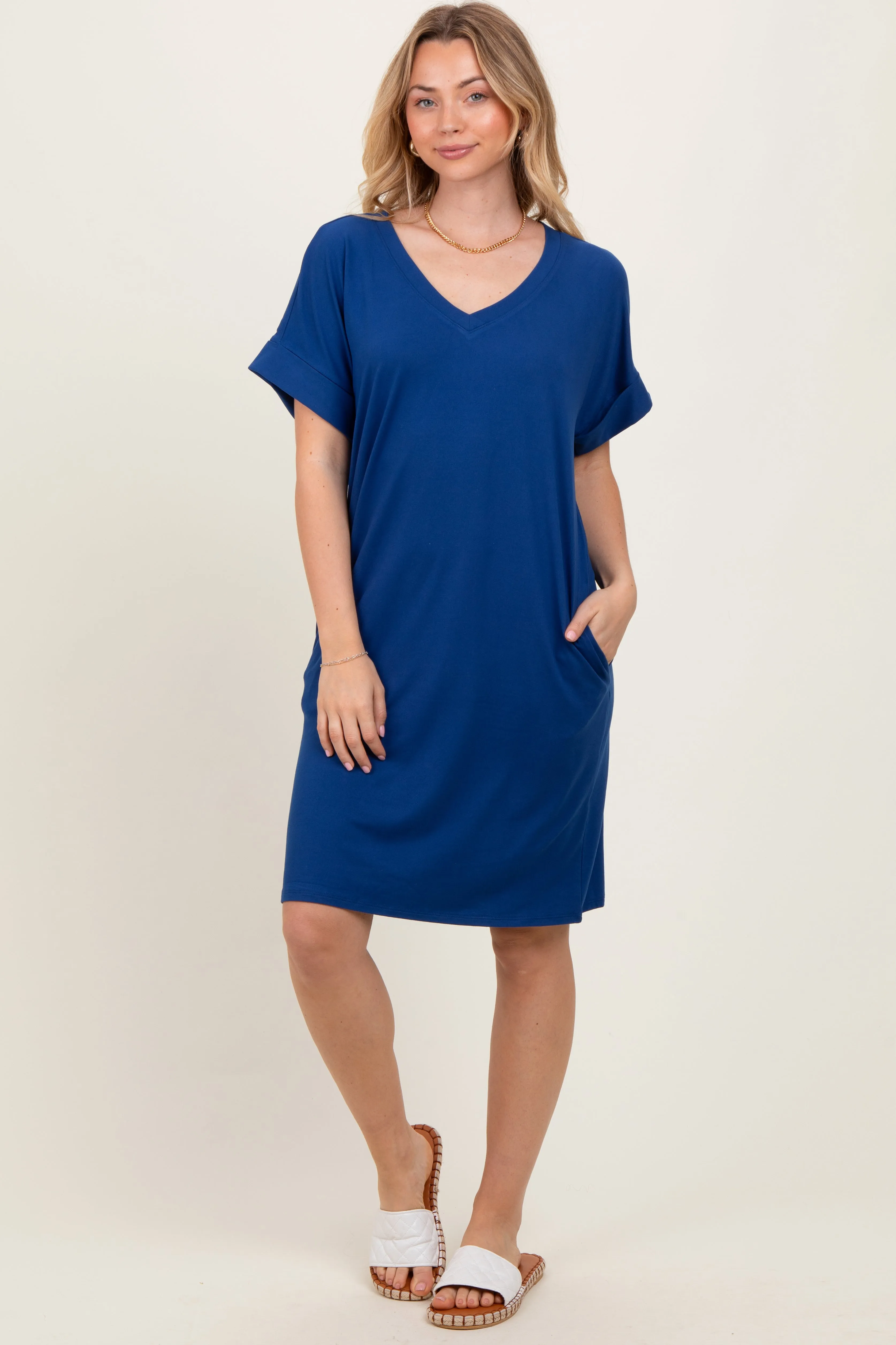 Navy Brushed Rolled Short Sleeve V-Neck Dress sold by Pinkblush