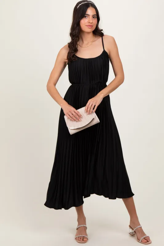 Black Pleated Sash Tie Midi Dress sold by Pinkblush