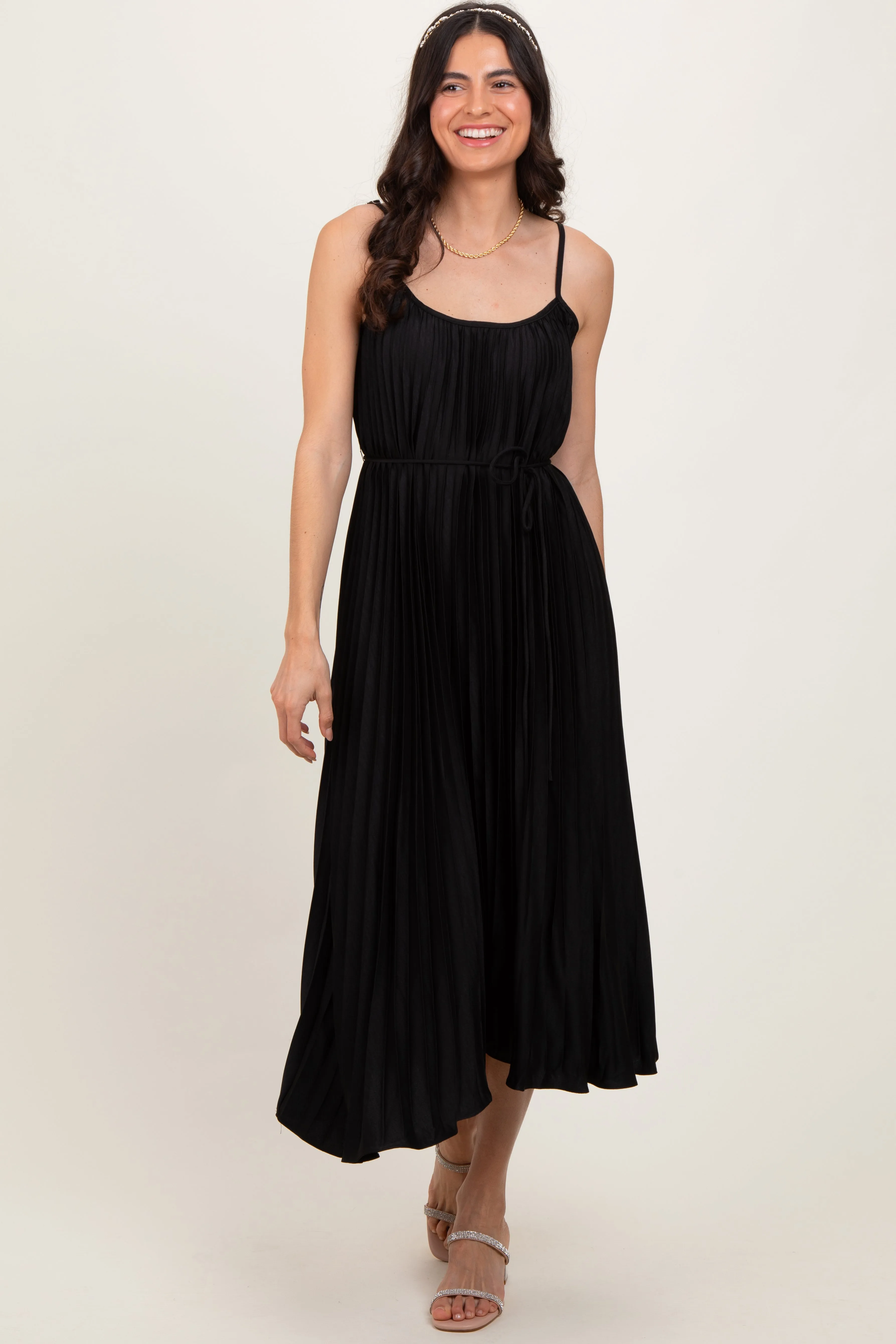 Black Pleated Sash Tie Midi Dress sold by Pinkblush product image thumbnail 2