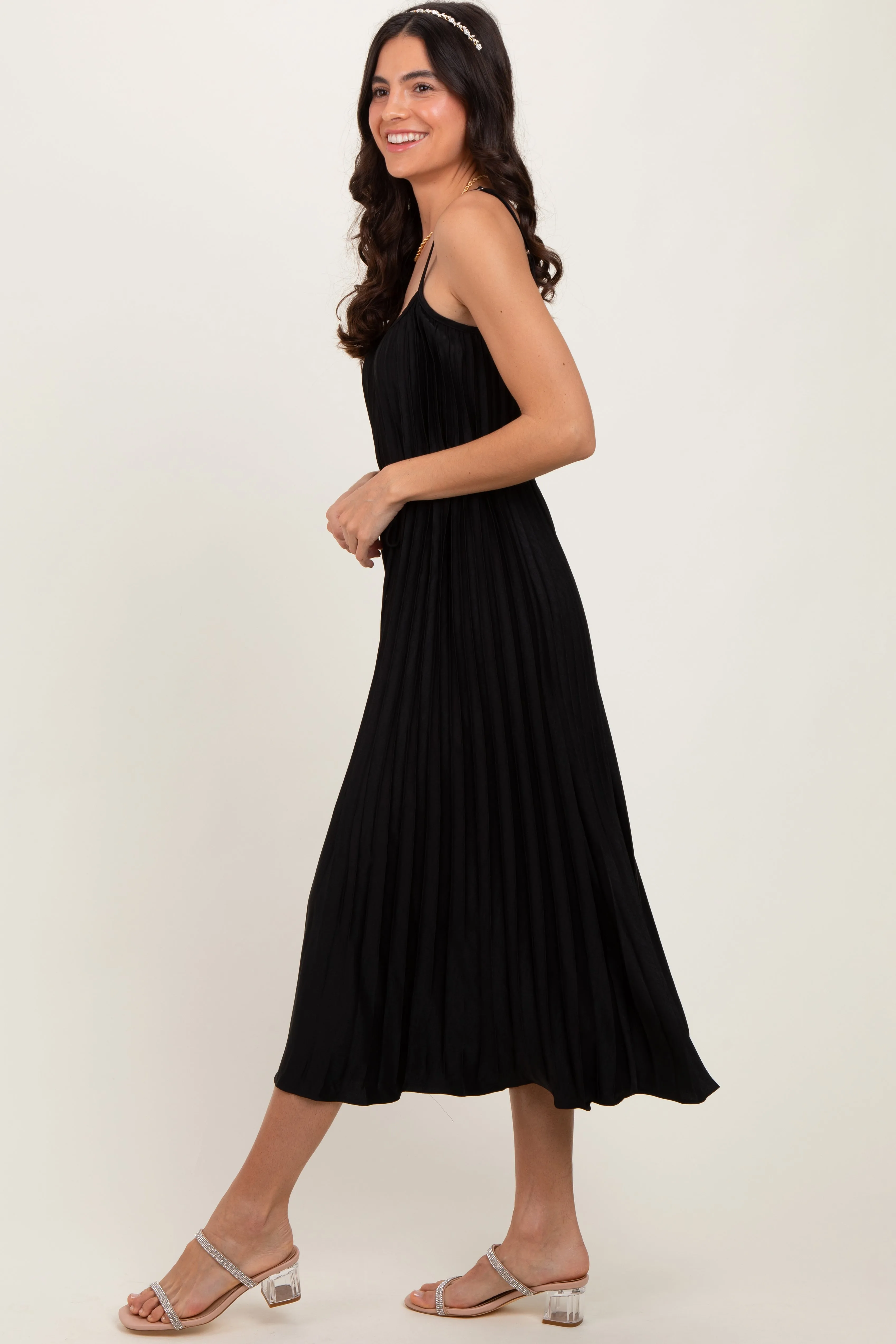 Black Pleated Sash Tie Midi Dress sold by Pinkblush product image thumbnail 3