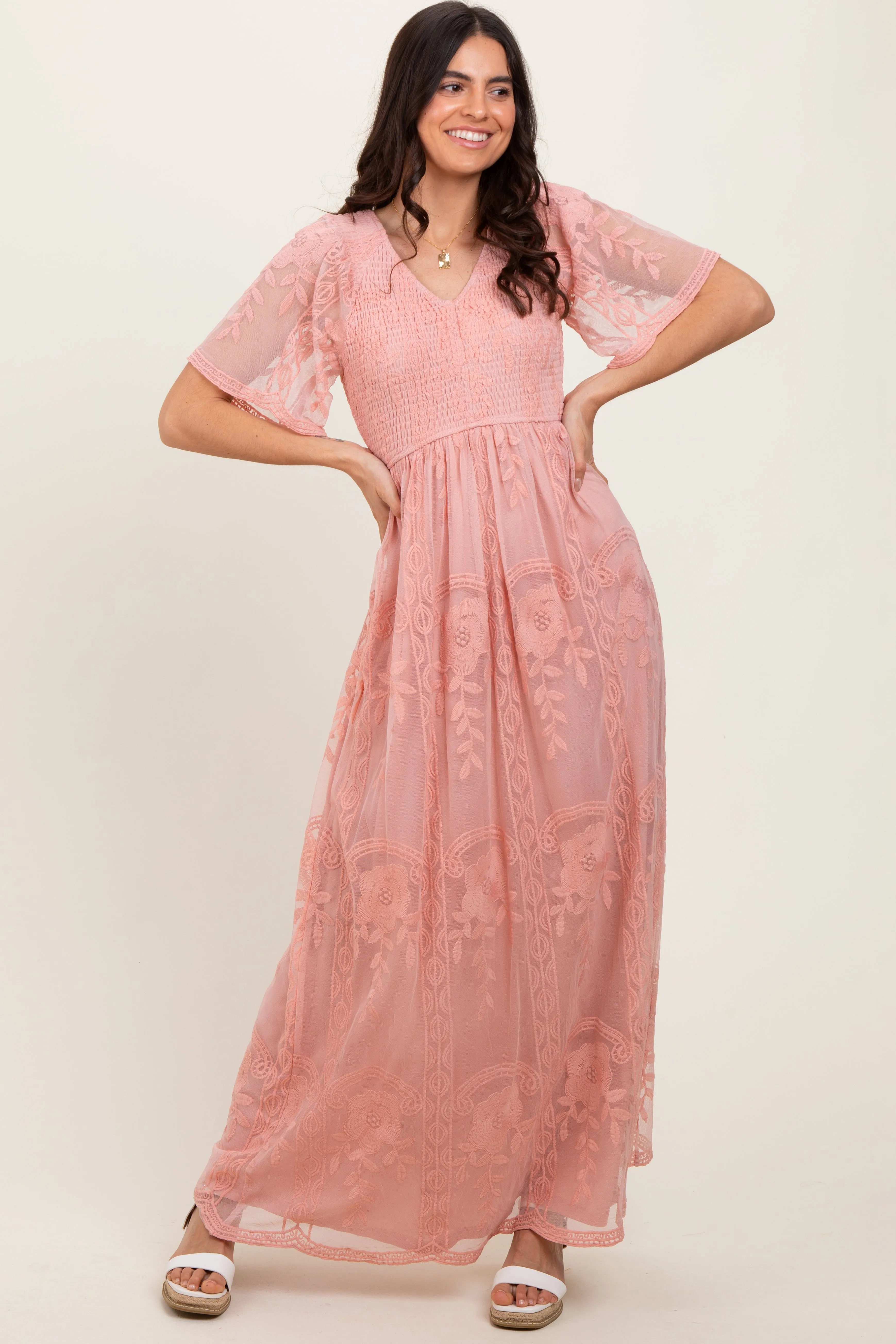 Pink Smocked Top Lace Maxi Dress sold by Pinkblush