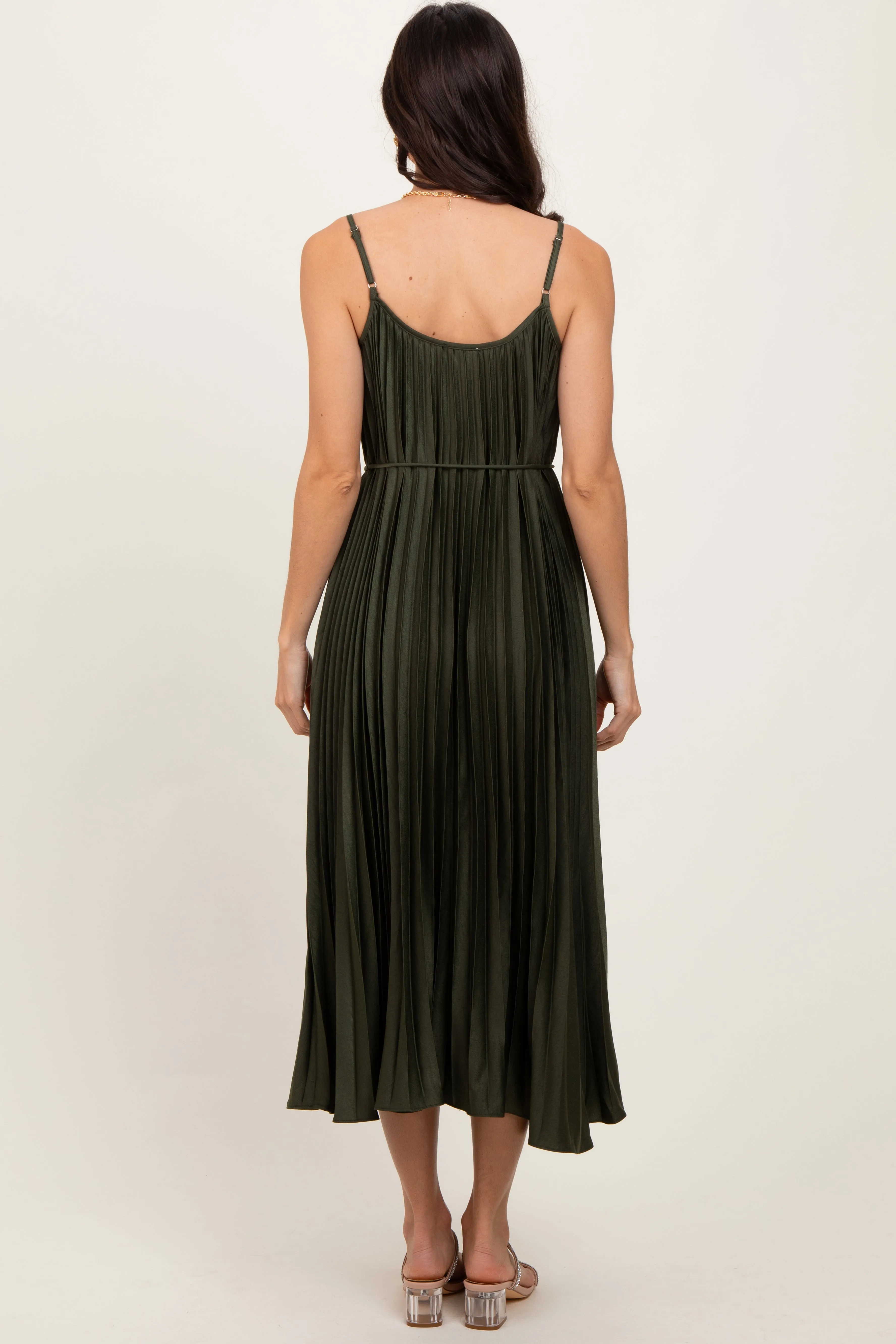 Olive Pleated Sash Tie Midi Dress sold by Pinkblush product image thumbnail 4