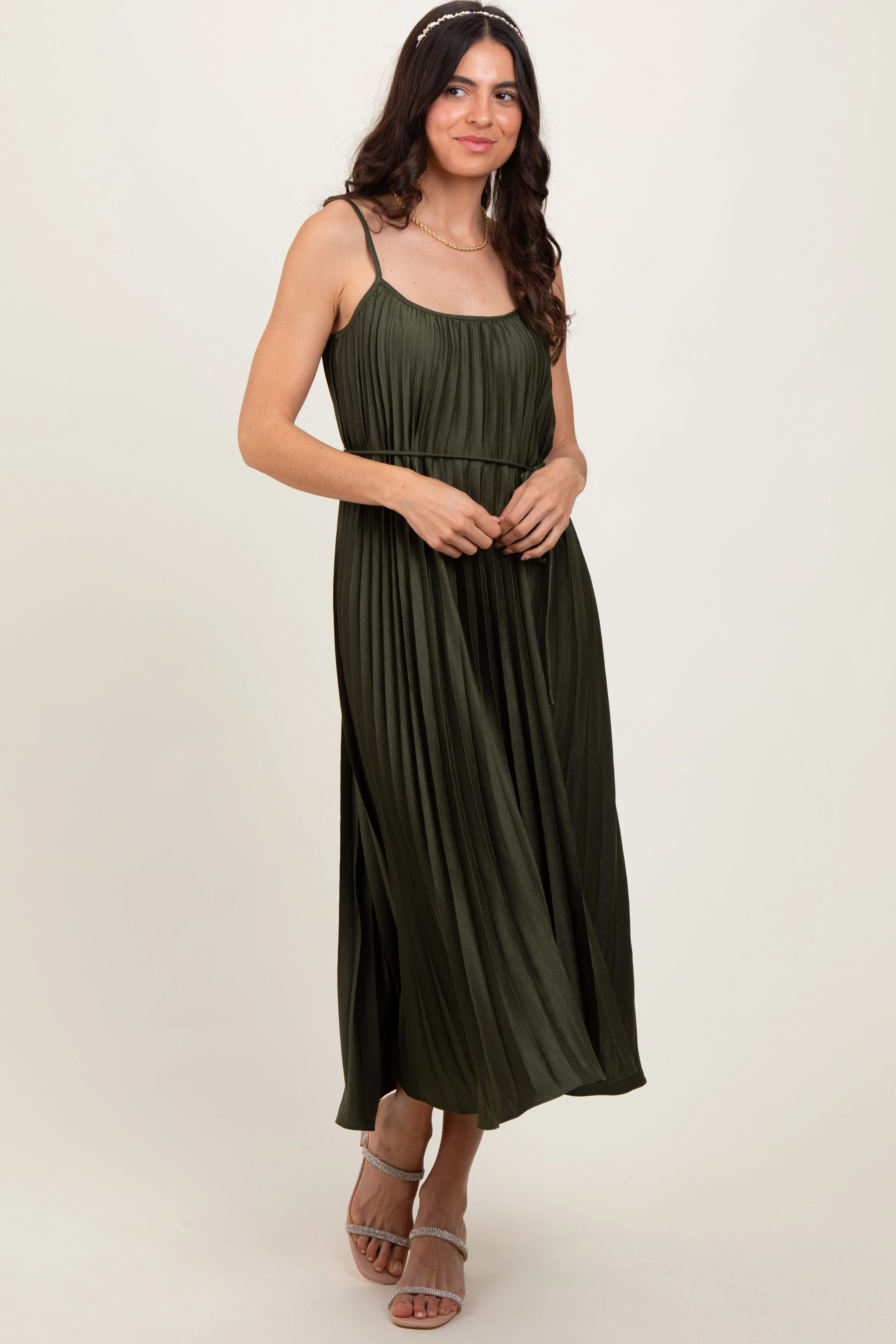 Olive Pleated Sash Tie Midi Dress sold by Pinkblush