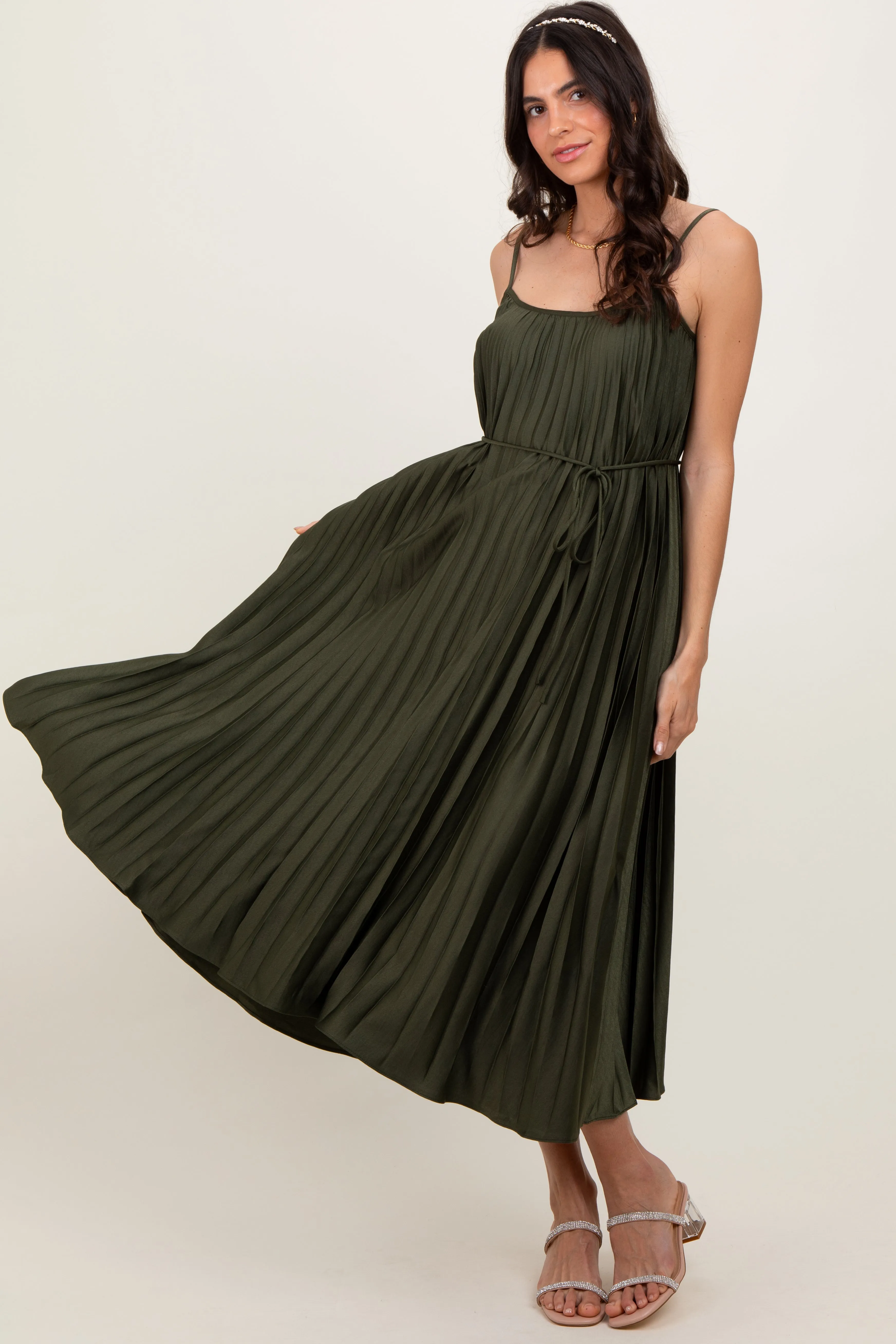 Olive Pleated Sash Tie Midi Dress sold by Pinkblush product image thumbnail 2