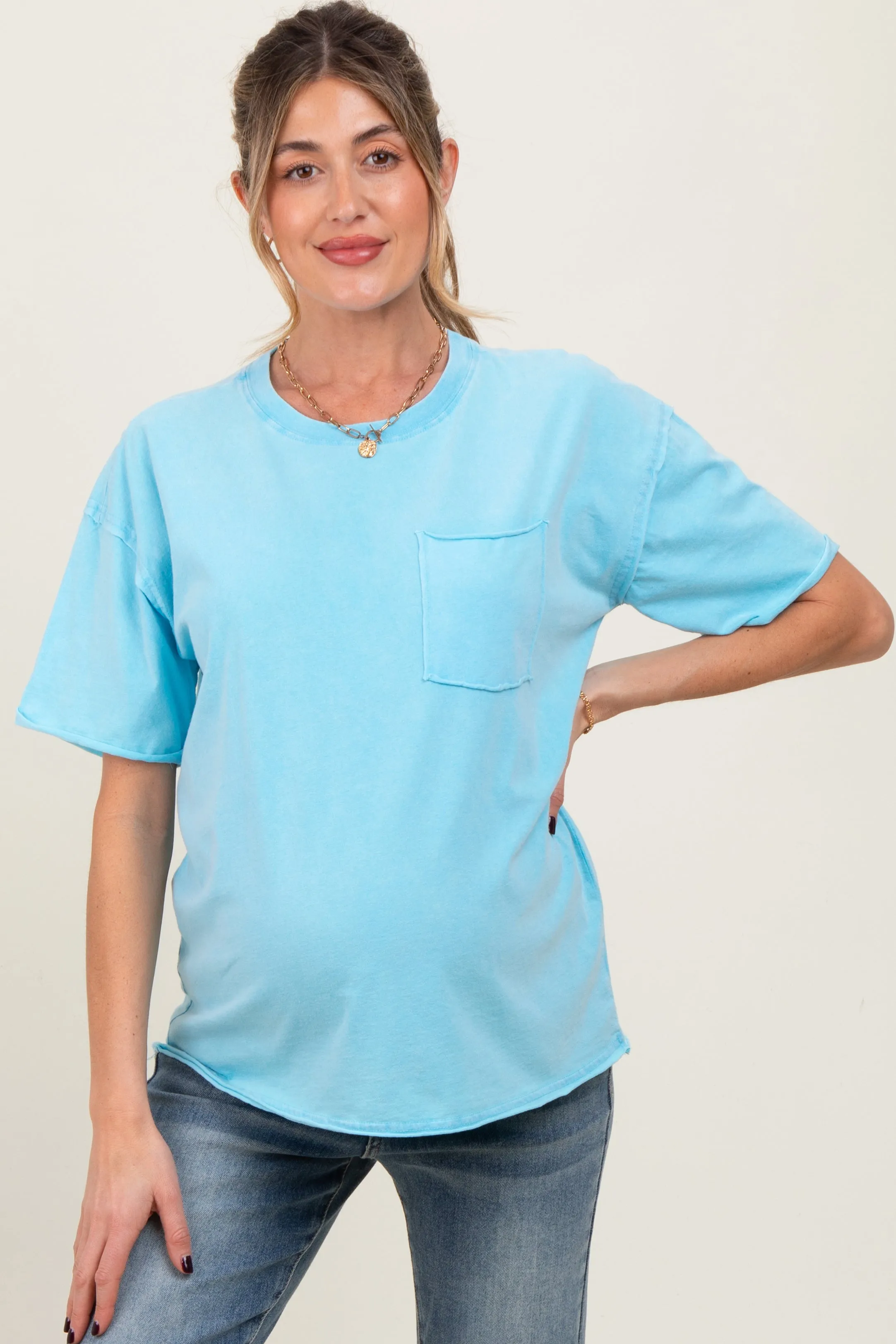 Aqua Short Sleeve Front Pocket Tunic Maternity Top sold by Pinkblush product image thumbnail 2