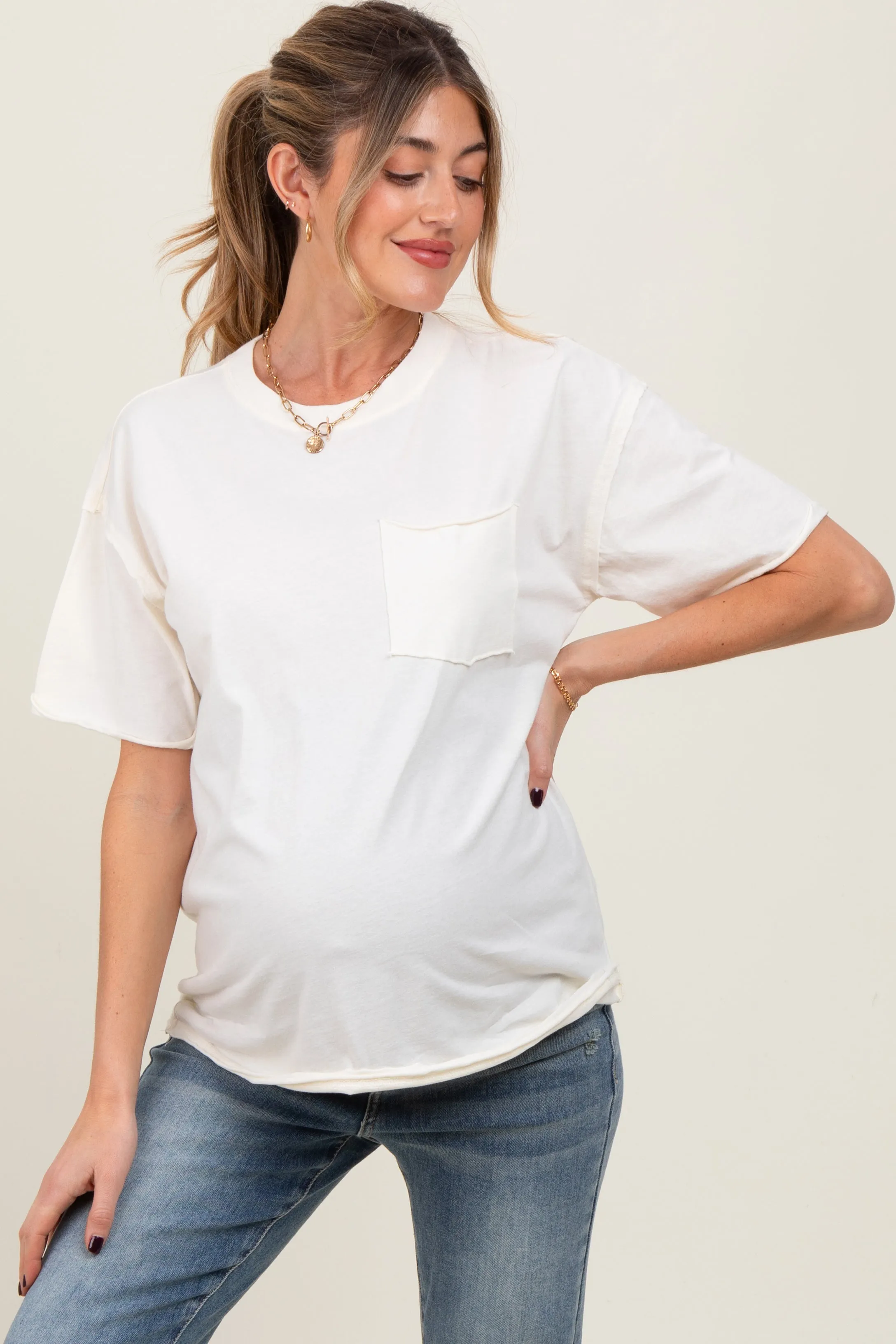 Ivory Short Sleeve Front Pocket Tunic Maternity Top sold by Pinkblush