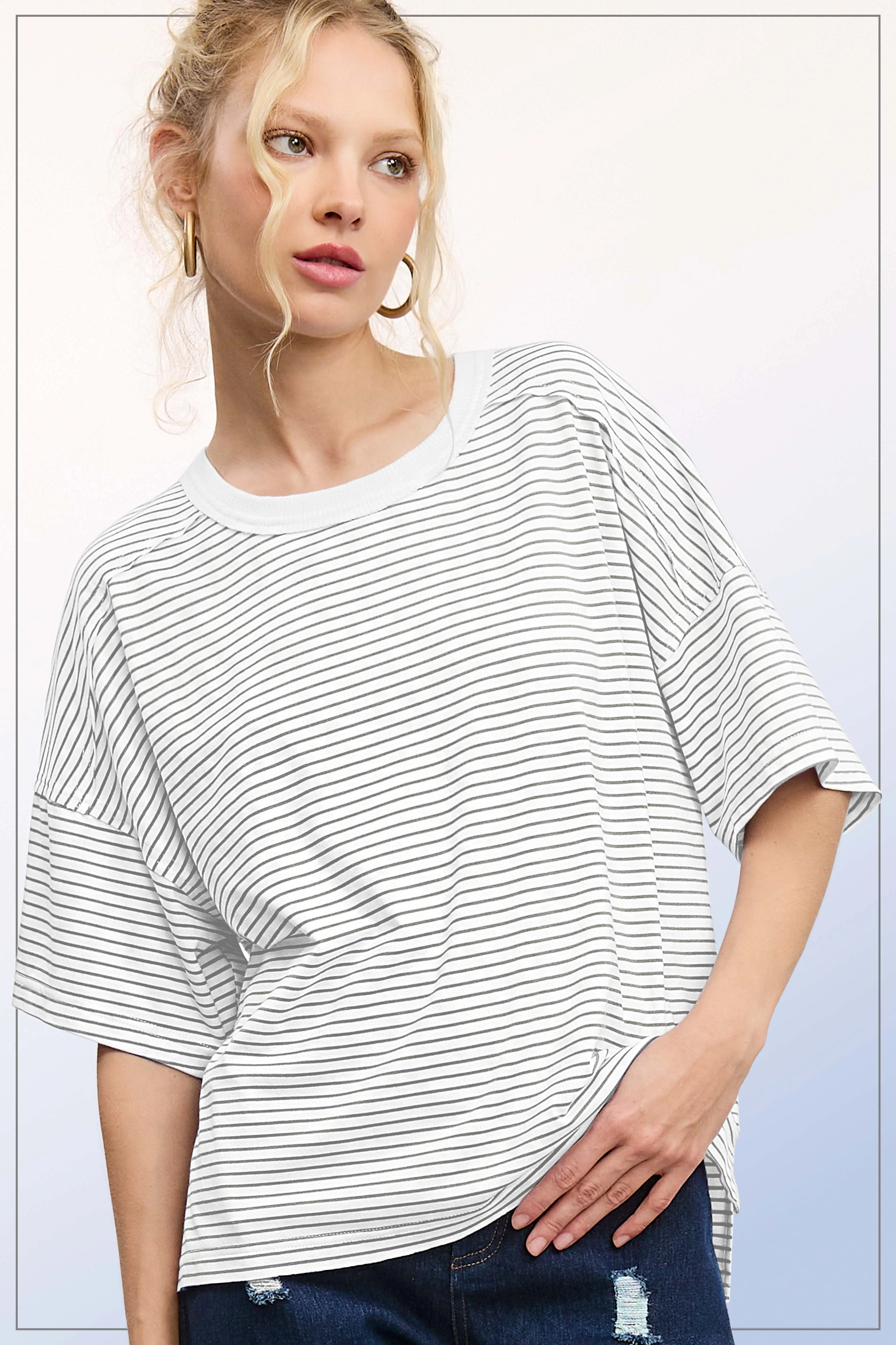 Heather Grey Striped Drop Shoulder Short Sleeve Maternity Top sold by Pinkblush product image thumbnail 4