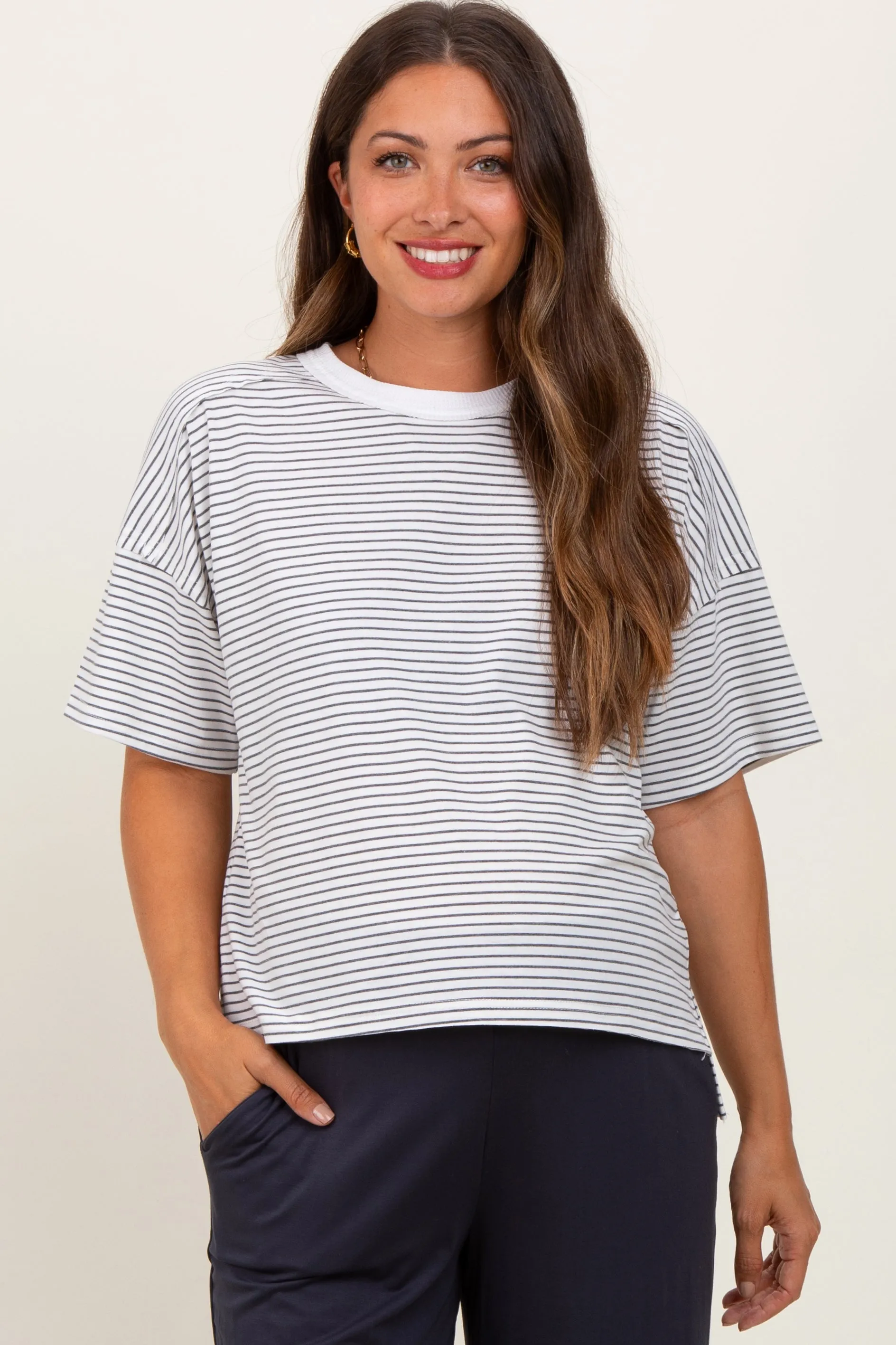 Heather Grey Striped Drop Shoulder Short Sleeve Maternity Top sold by Pinkblush
