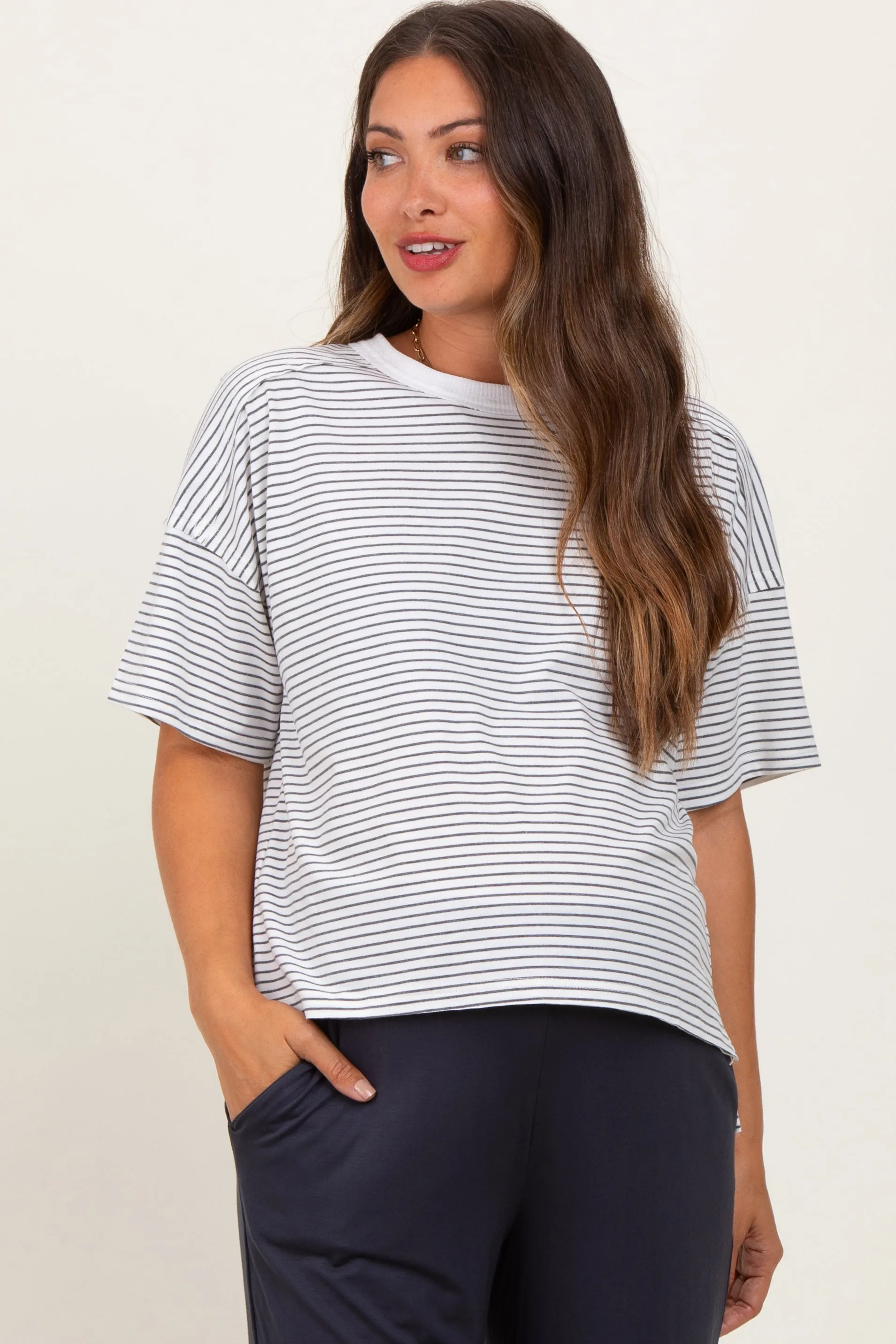 Heather Grey Striped Drop Shoulder Short Sleeve Maternity Top sold by Pinkblush product image thumbnail 2