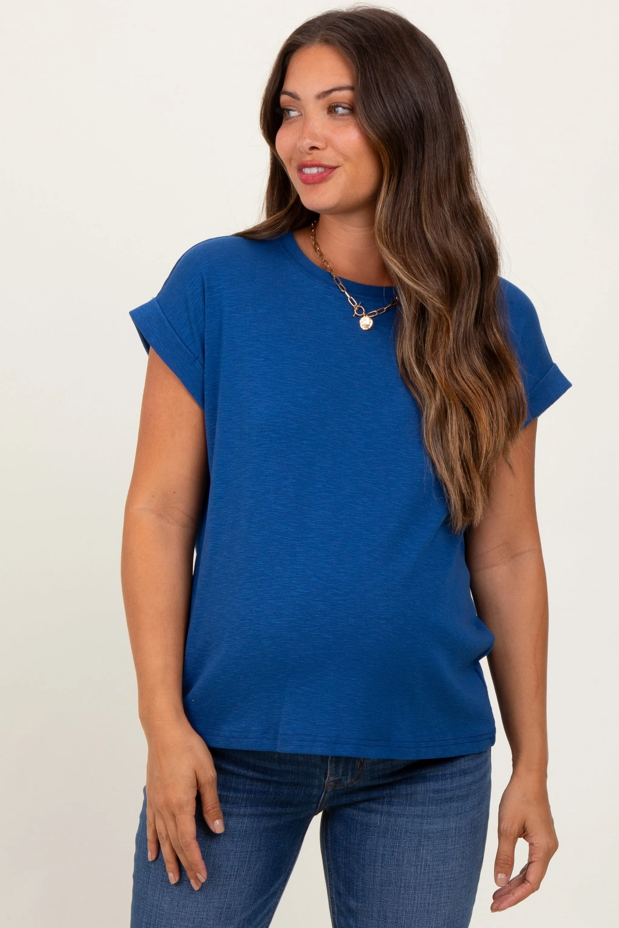 Light Navy Rolled Short Sleeve Maternity Tee sold by Pinkblush product image thumbnail 2