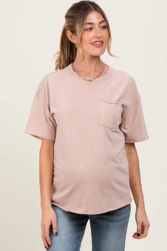 Taupe Short Sleeve Front Pocket Tunic Maternity Top sold by Pinkblush