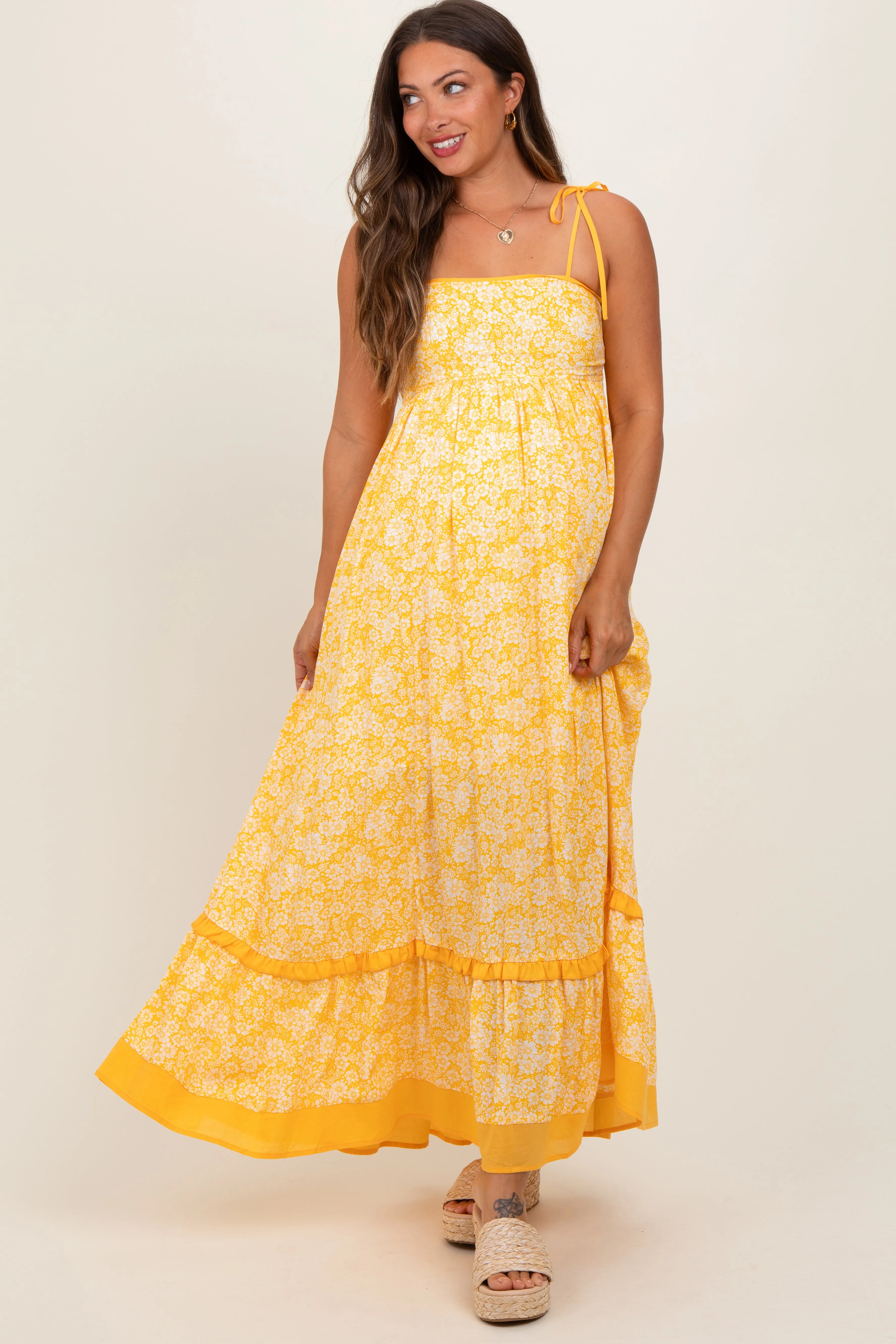 Yellow Floral Shoulder Tie Maternity Maxi Dress sold by Pinkblush product image thumbnail 2