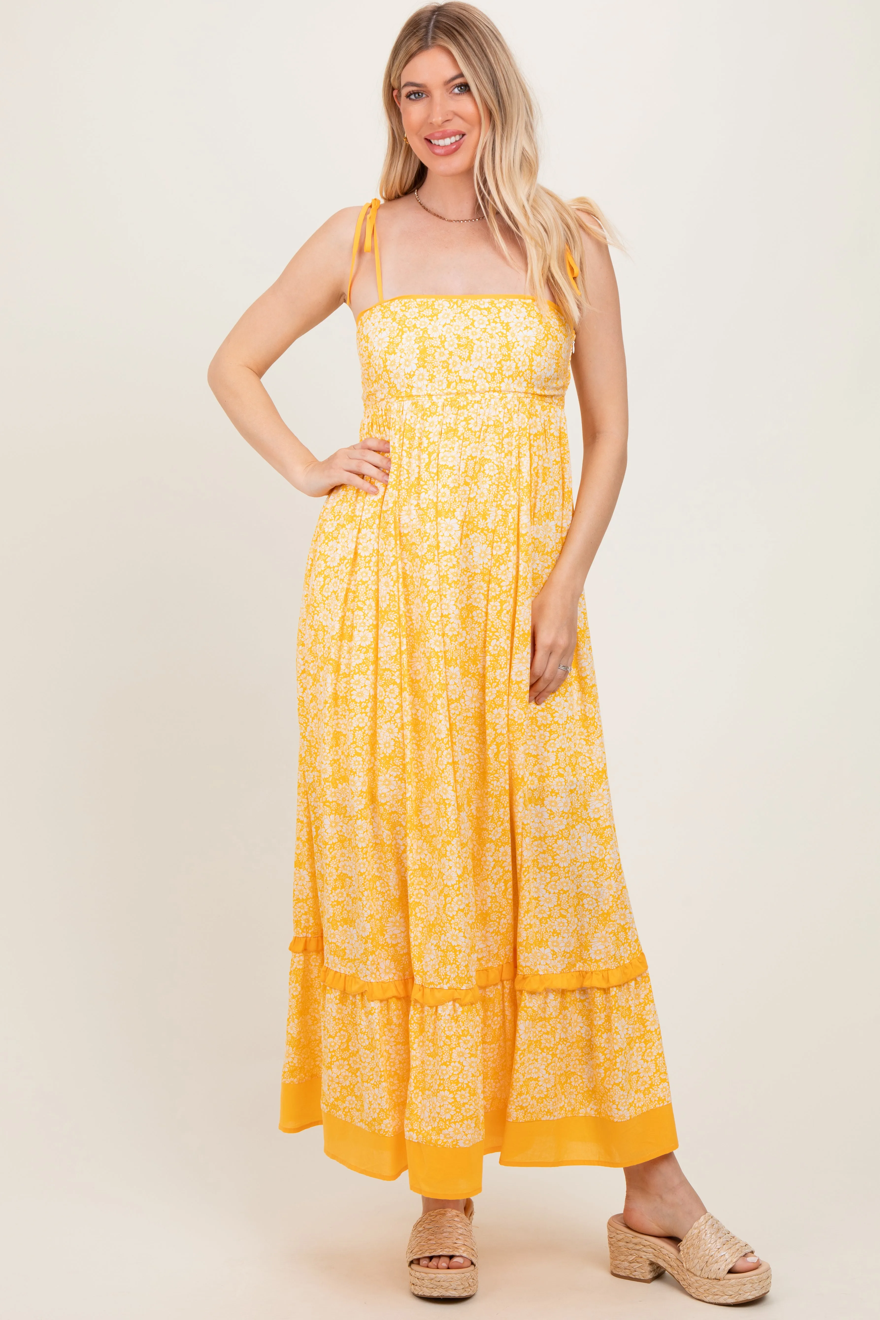Yellow Floral Shoulder Tie Maternity Maxi Dress sold by Pinkblush product image thumbnail 5
