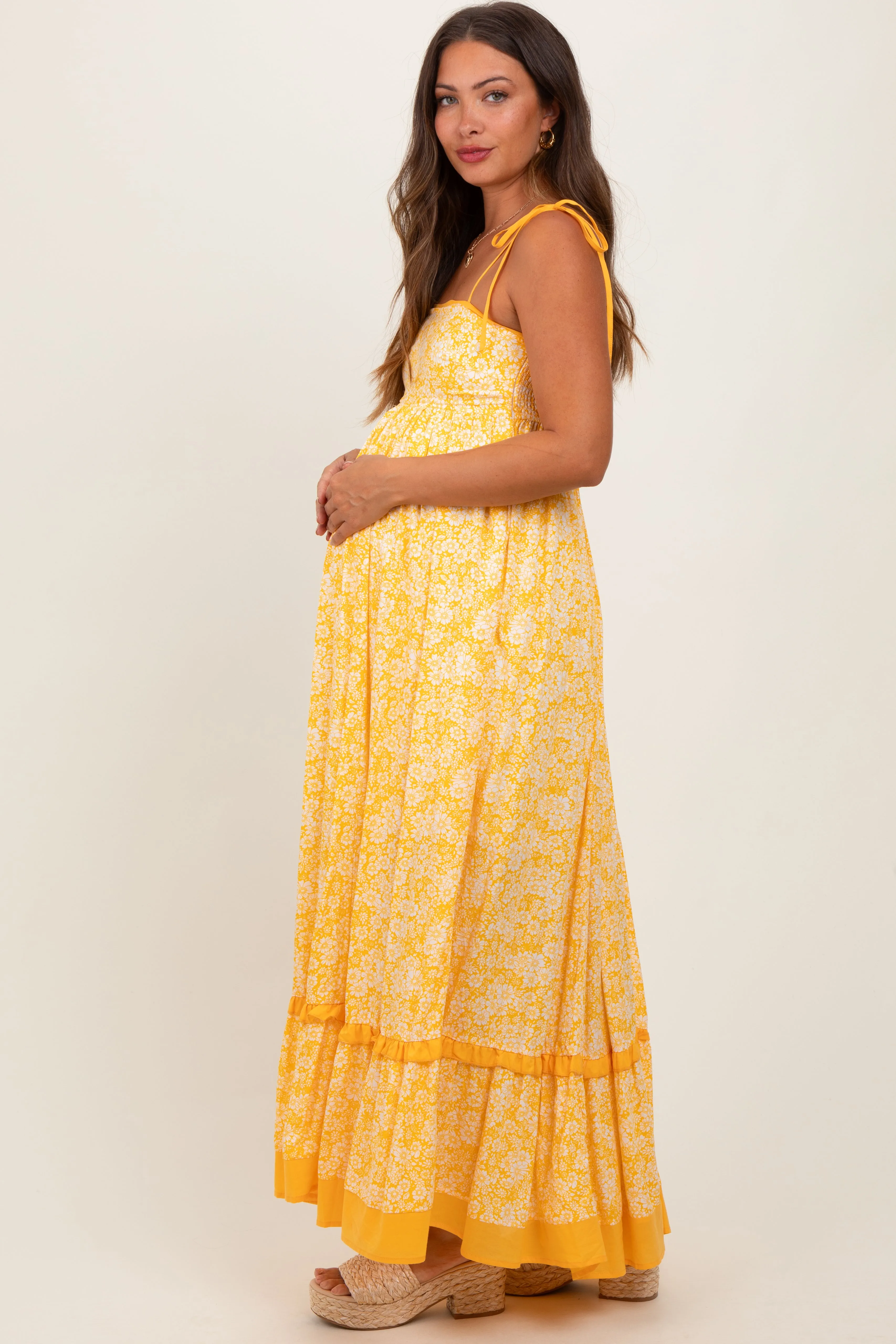 Yellow Floral Shoulder Tie Maternity Maxi Dress sold by Pinkblush product image thumbnail 3