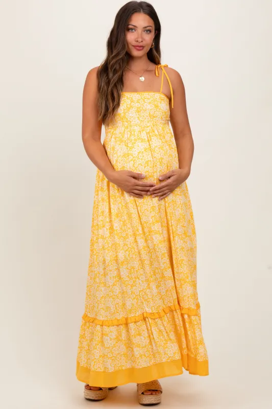 Yellow Floral Shoulder Tie Maternity Maxi Dress sold by Pinkblush