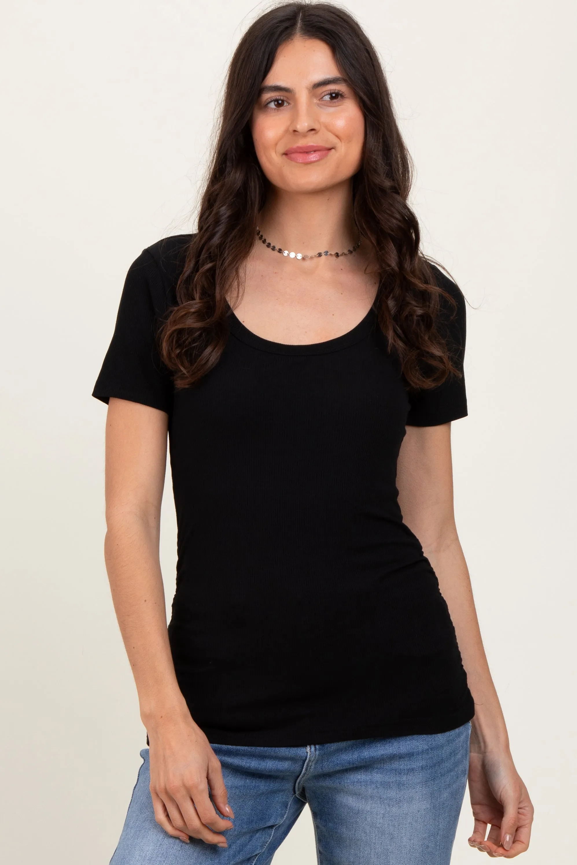 Black Ribbed Scoop Neck Short Sleeve Top sold by Pinkblush product image thumbnail 2
