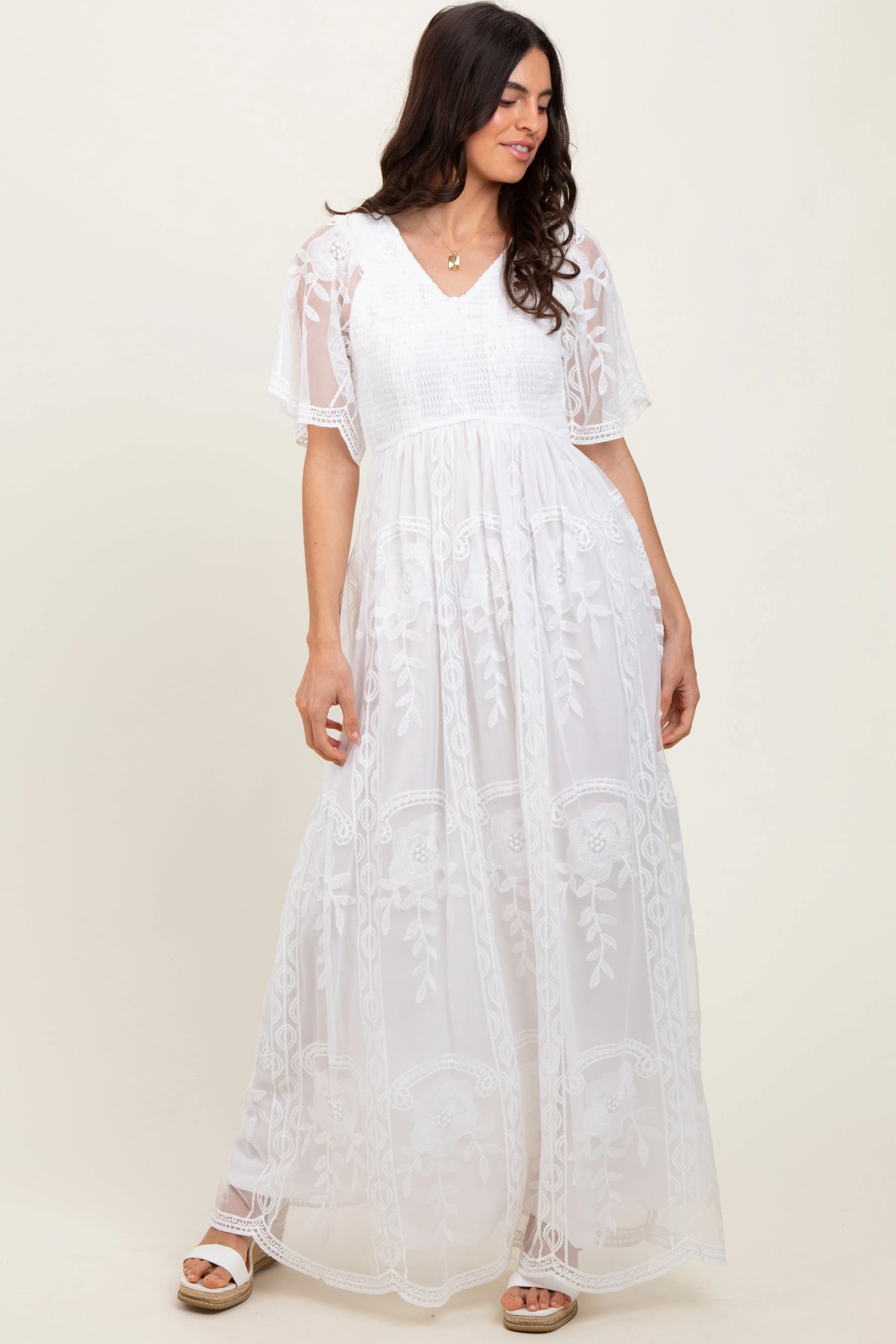 White Smocked Top Lace Maxi Dress sold by Pinkblush