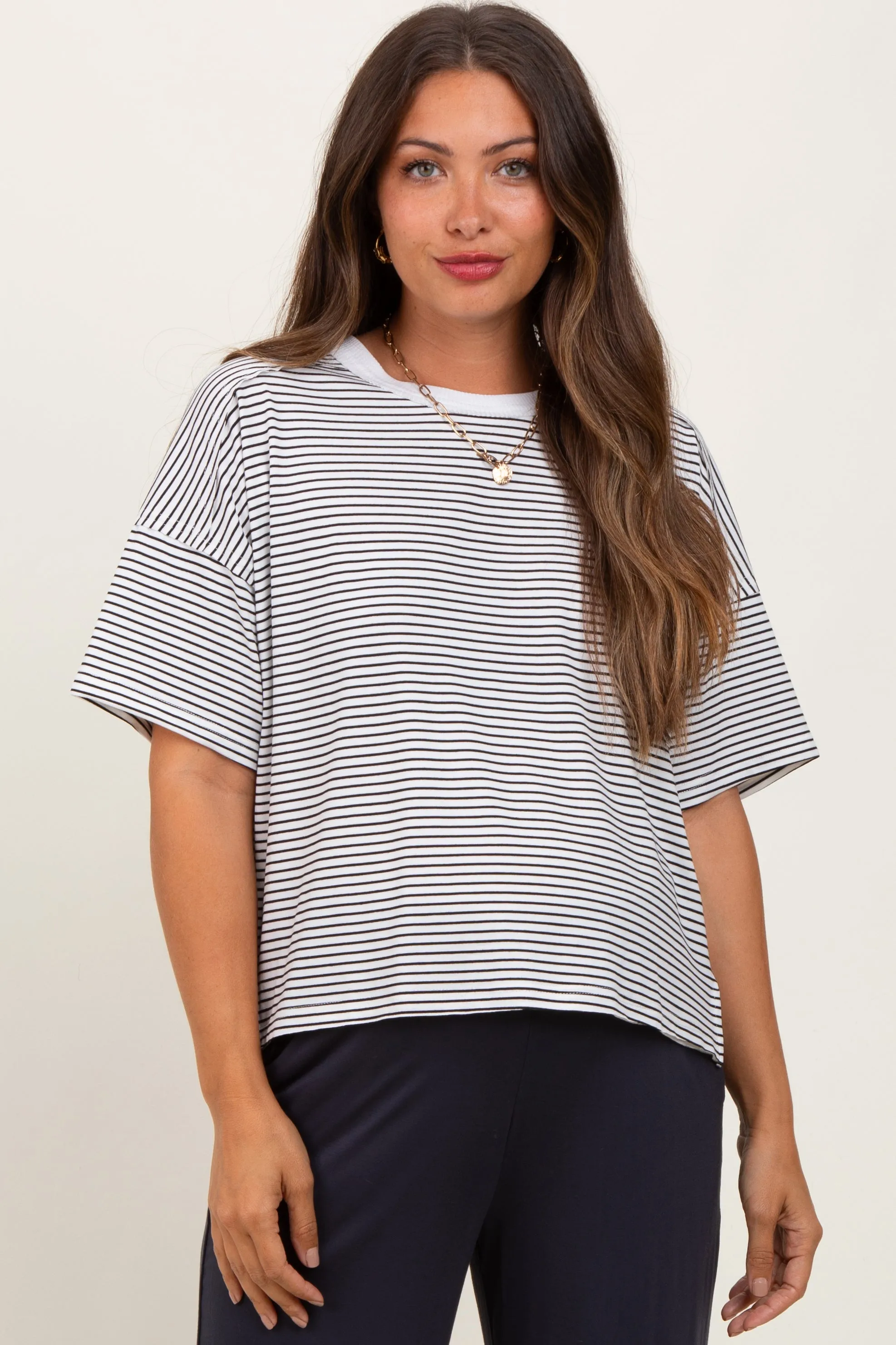 Black Striped Drop Shoulder Short Sleeve Maternity Top sold by Pinkblush