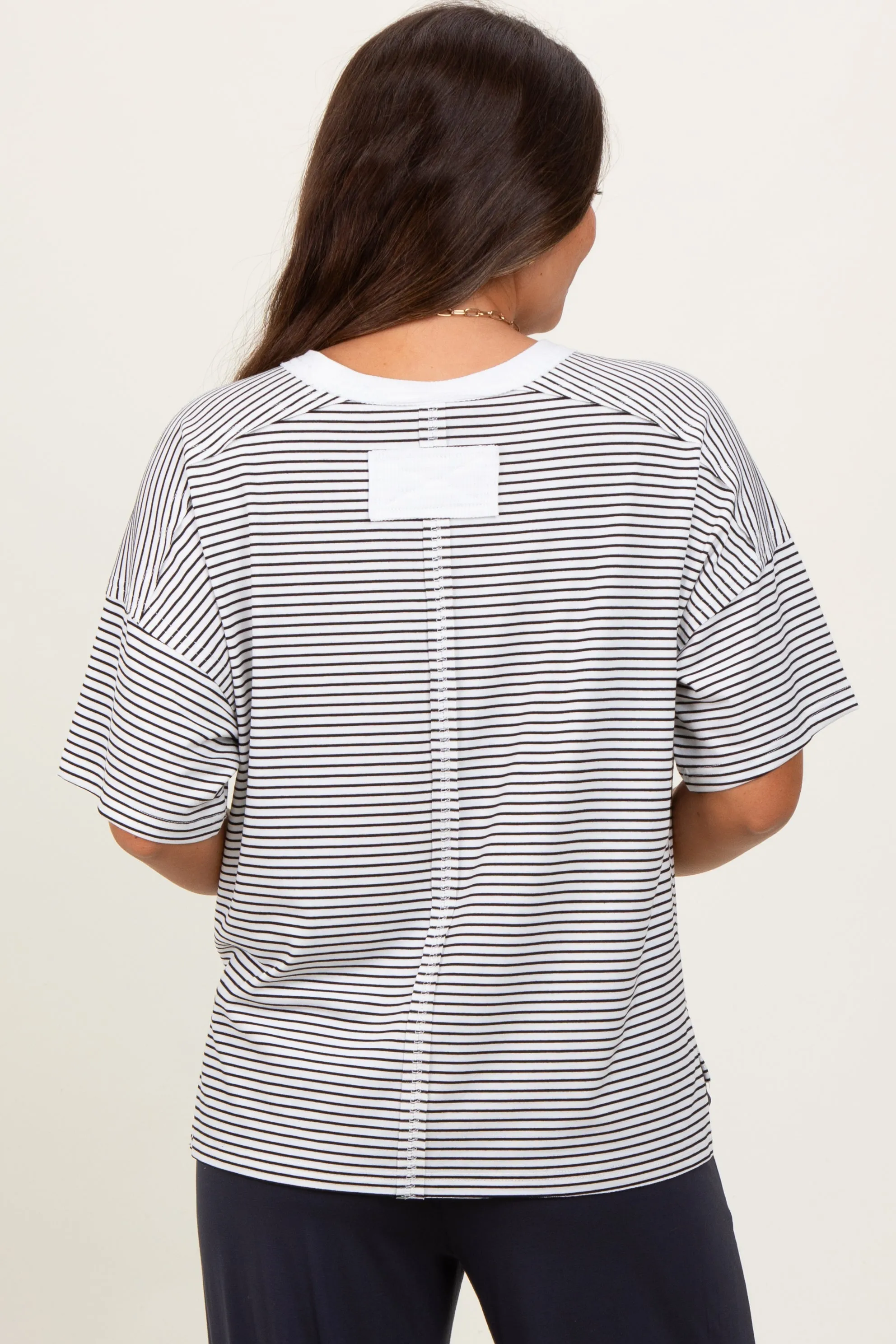 Black Striped Drop Shoulder Short Sleeve Maternity Top sold by Pinkblush product image thumbnail 2