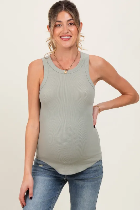 Light Olive Ribbed Basic Crew Neck Maternity Tank sold by Pinkblush