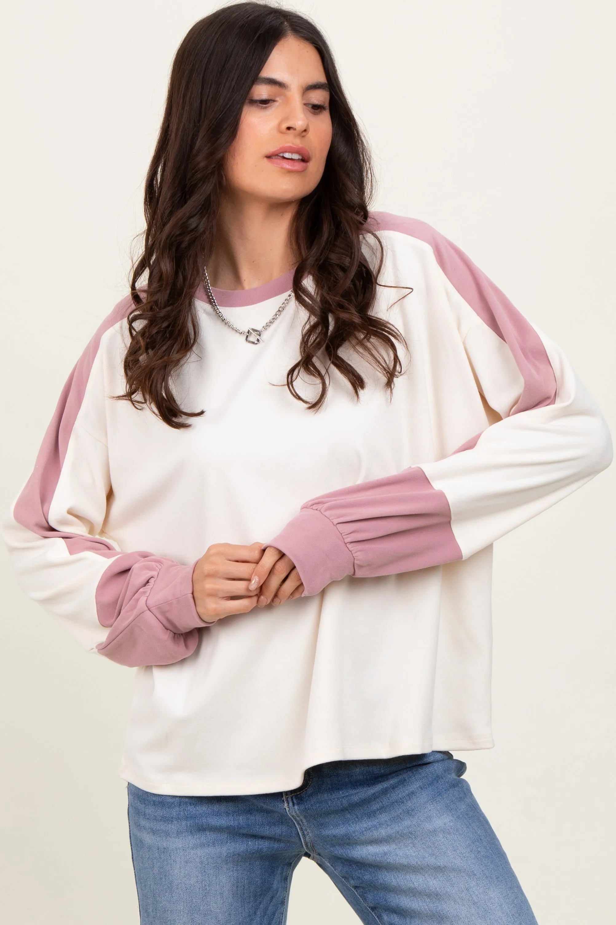 Cream Brushed Knit Colorblock Sleeve Pullover sold by Pinkblush product image thumbnail 2